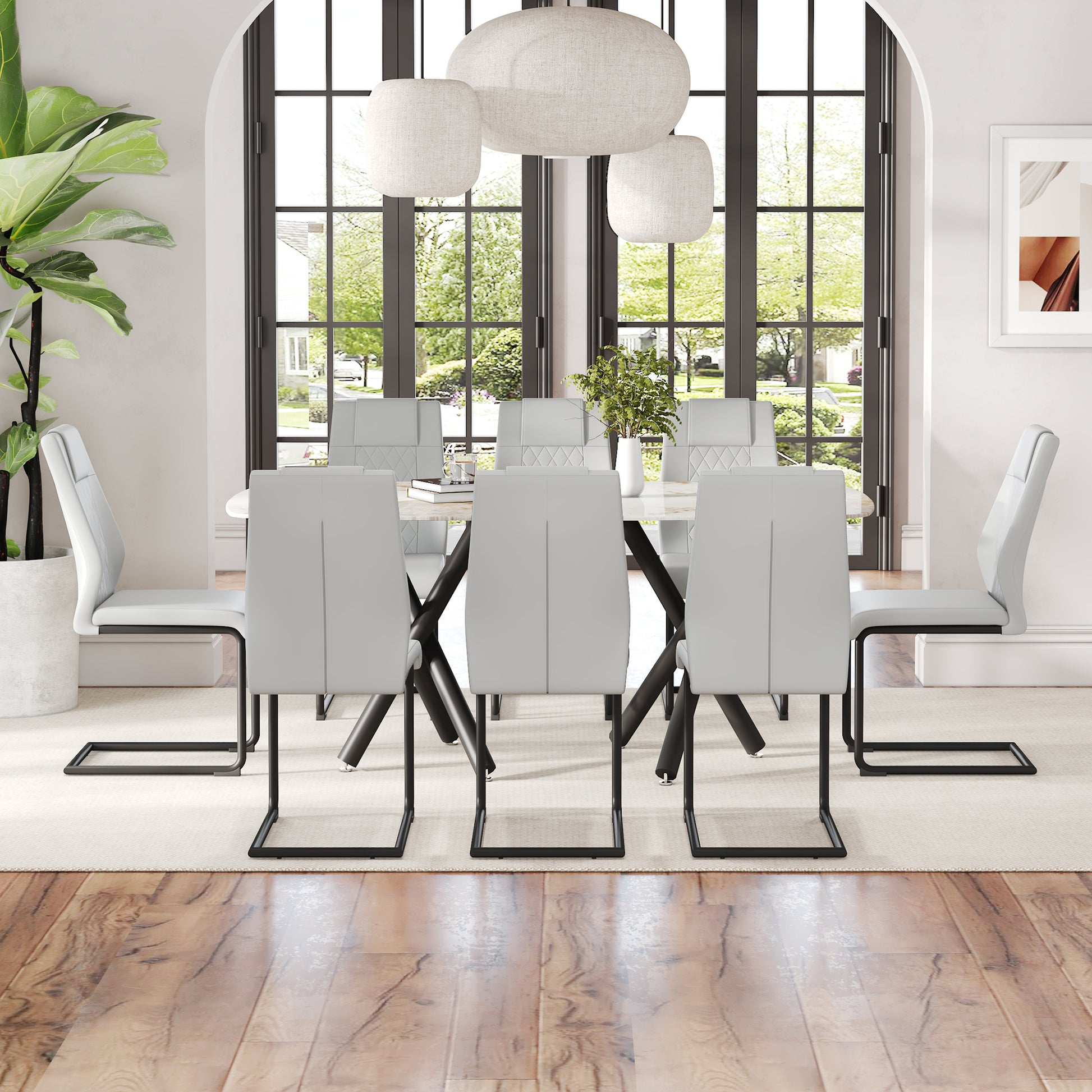 1 Table And 8 Chairs Set.A Rectangular Dining Table With A 0.39 Inch Imitation Marble Tabletop And Black Metal Legs.Paired With 8 Chairs With Pu Leather Seat Cushion And Black Metal Legs.F 1538,C 001 Black Glass Metal