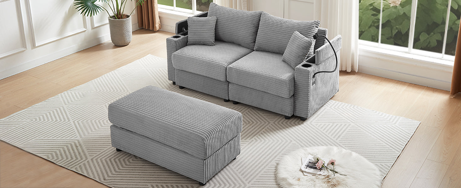 72.8" Modern Style Loveseat Sofa Sectional Sofa Couch With Storage Space, A Movable Ottoman, Two Usb Ports, Two Cup Holders, A Phone Holder For Living Room, Gray Gray Foam Corduroy 3 Seat