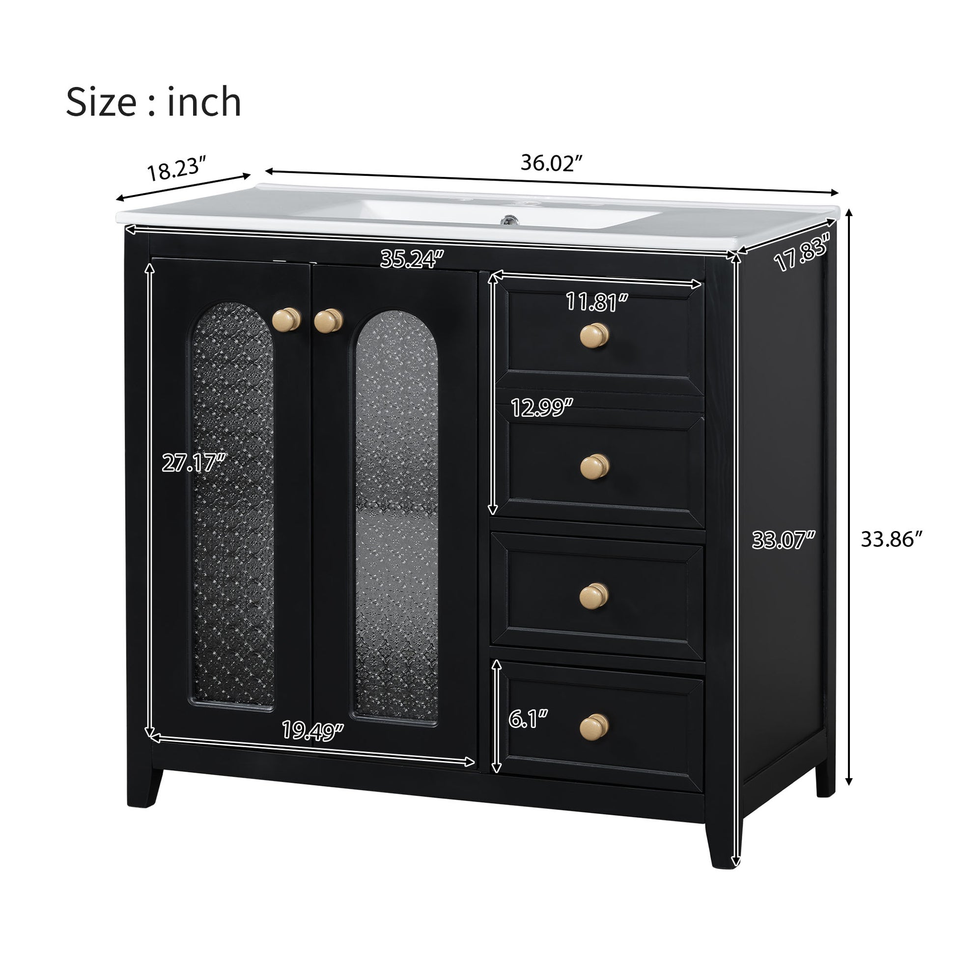 36 Inch Bathroom Vanity With Two Soft Close Doors, Adjustable Shelves And Three Soft Close Drawers Black Bathroom Solid Wood Mdf