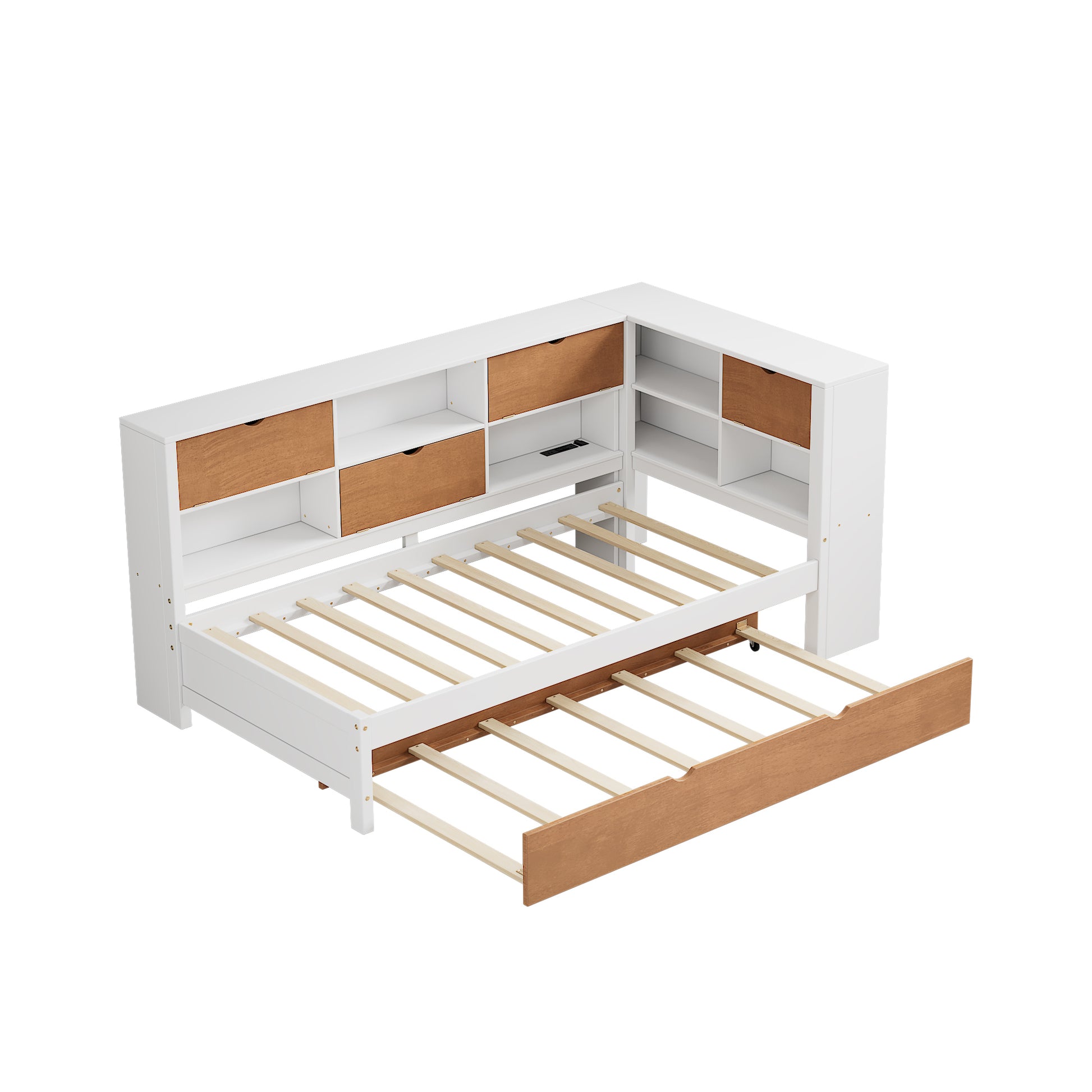 L Shaped Bed Frame With Trundle And And Bookcase,Corner Bed Wooden Captain Bed With Led Downlight And Usb Port For Small Room,Bedroom, Guest Room, Twin Size, Walnut And White Box Spring Not Required Twin White Walnut Wood Bedroom Modern Pine Bed Frame