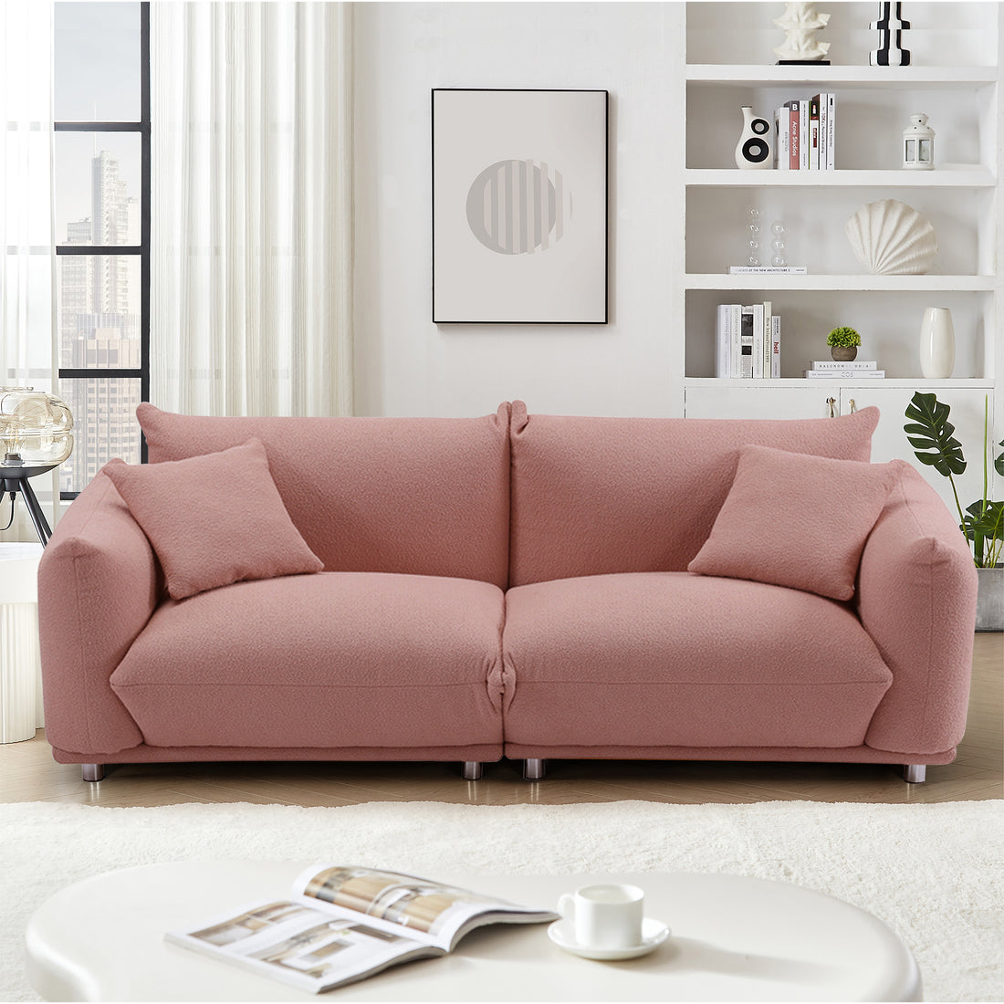 Oversized Loveseat Sofa For Living Room, Sherpa Sofa With Metal Legs, 3 Seater Sofa, Solid Wood Frame Couch With 2 Pillows, For Apartment Office Living Room Pink Pink Wood Primary Living Space Medium Soft Heavy Duty Eucalyptus Foam Fabric 2 Seat
