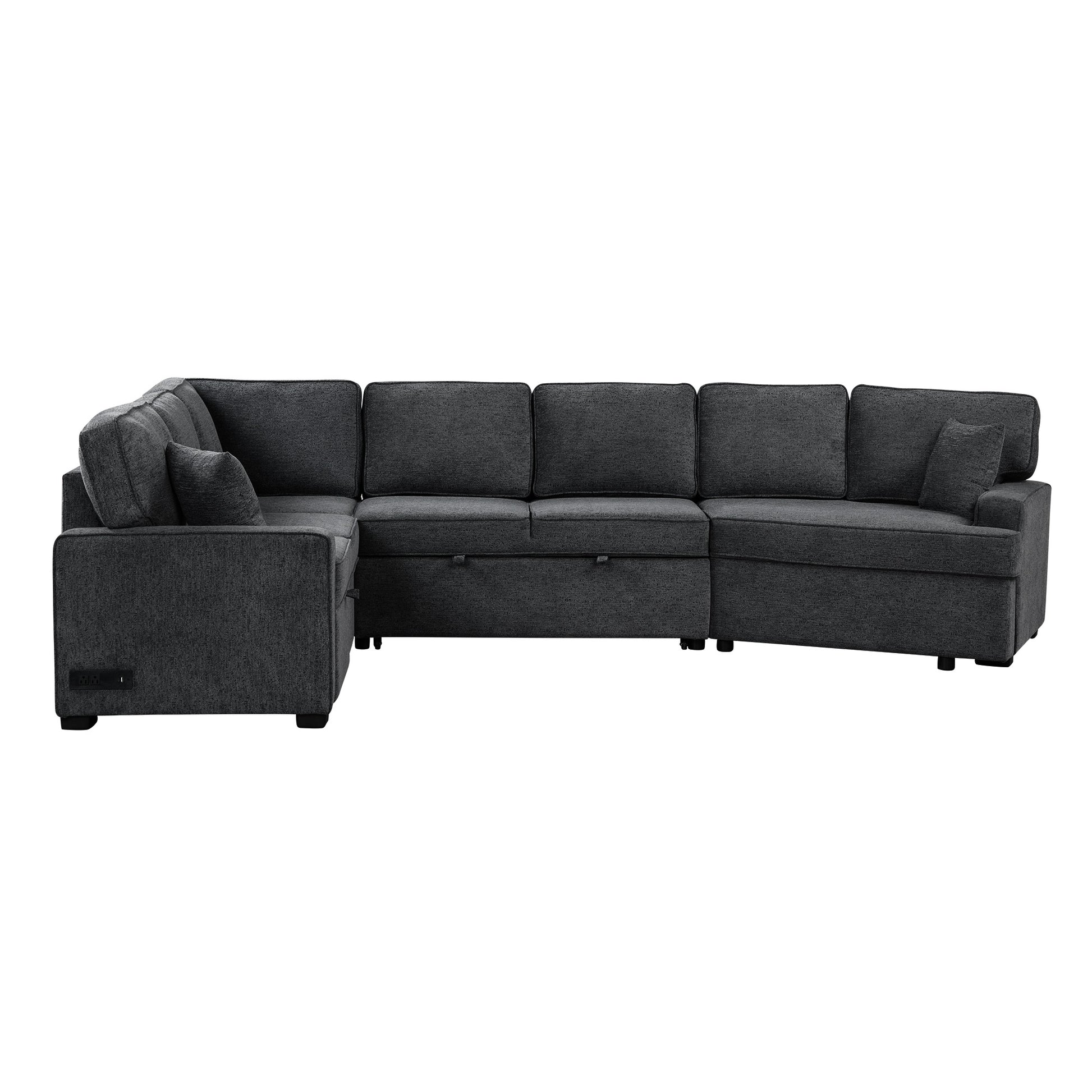 126" L Shaped Sofa Sectional Sofa Couch Pull Out Sofa Bed With Charging Devices And Cup Holders For Living Room, Blue Black Black Blue Foam Chenille 6 Seat