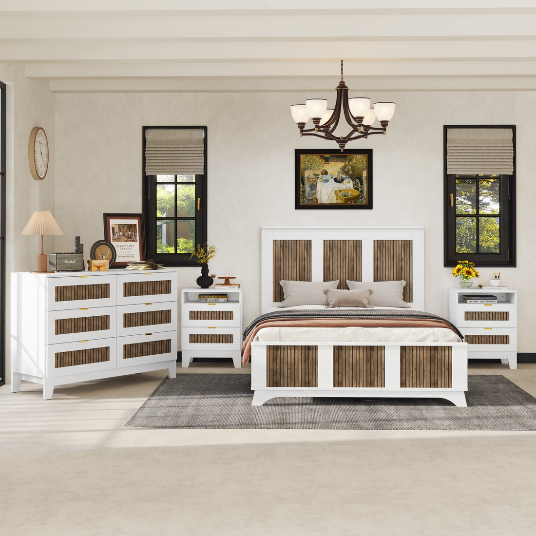 4 Pieces Bedroom Sets, Full Size Farmhouse Platform Bed With Wooden Strip Decoration, Storage Nightstand And Dresser With Metal Handle, White Full White 4 Piece Set Particle Board