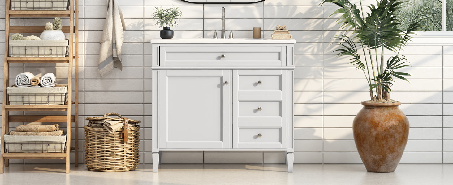 36'' Bathroom Vanity With Top Sink, Modern Bathroom Storage Cabinet With 2 Drawers And A Tip Out Drawer, Single Sink Bathroom Vanity White Bathroom Solid Wood Mdf Resin