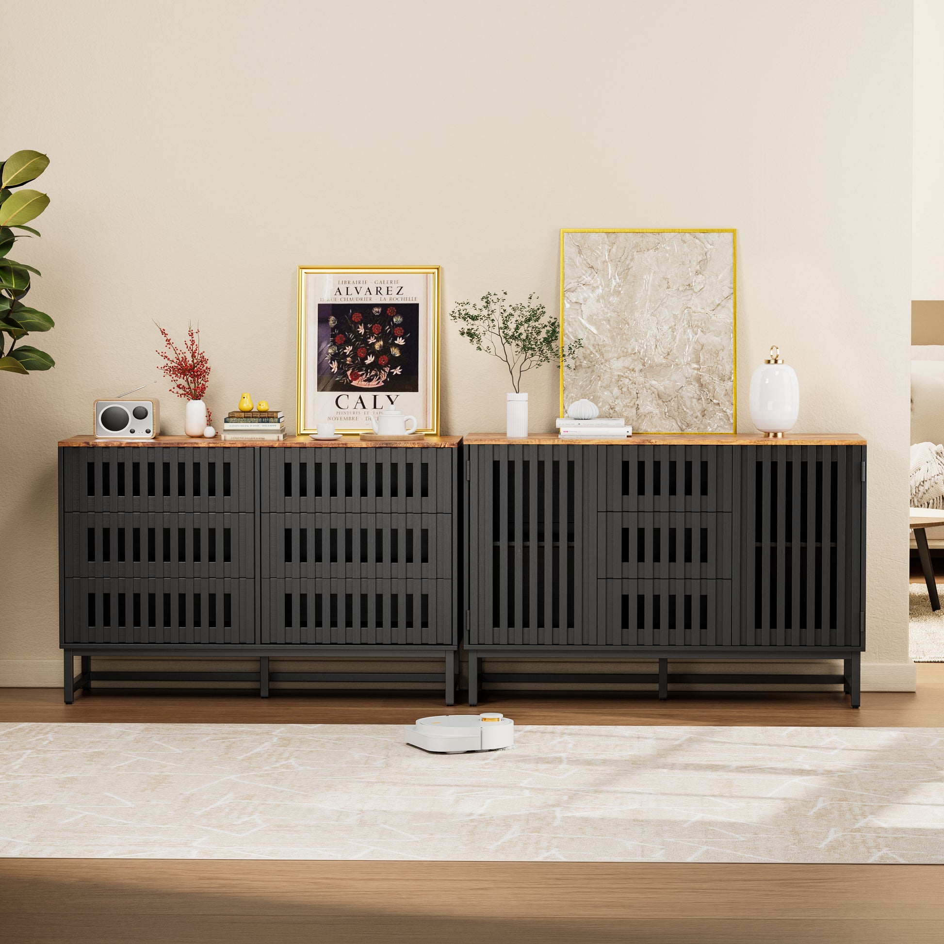 6 Drawer Double Dresser With Slatted Grille Striped Drawer, Modern Sty 6 Drawer Double Dresser With Slatted Grille Striped Drawer, Modern Sty