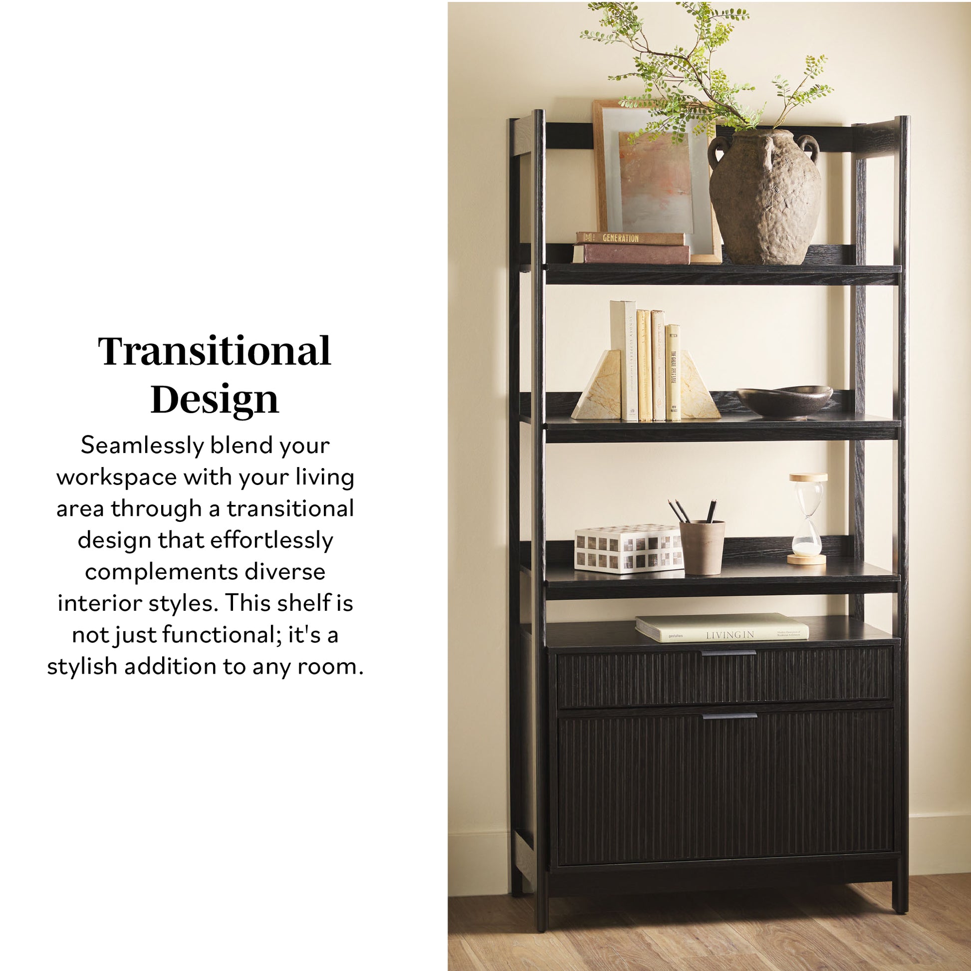 Transitional Wide Reeded Bookshelf With Drawers On Bottom Black Black Mdf Mdf