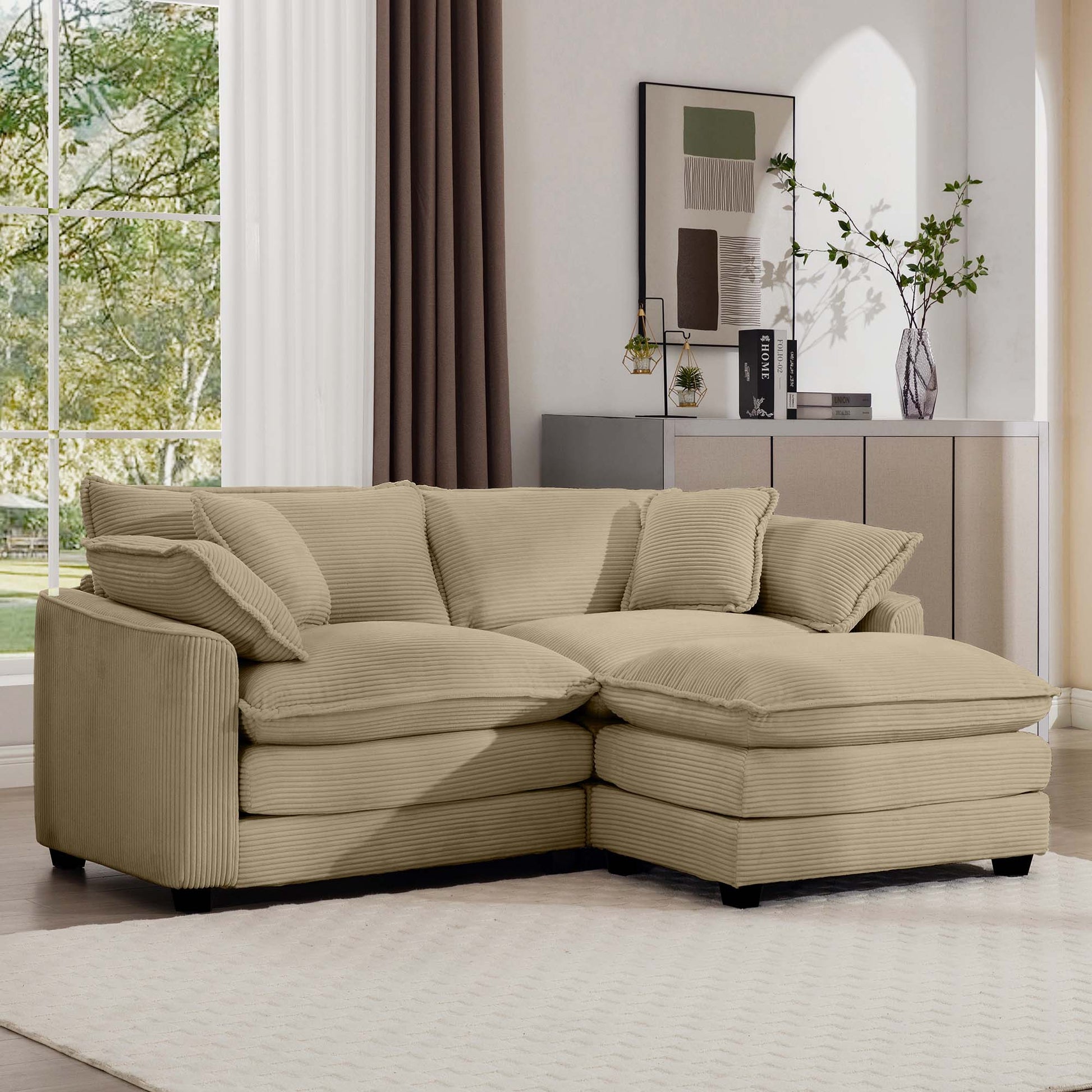 Corduroy Two Seater Sofa With 1 Footrest, L Shaped 2 Seater Sofa With Ottoman For Small Living Spaces, Tan Corduroy Sofa Tan Corduroy 2 Seat