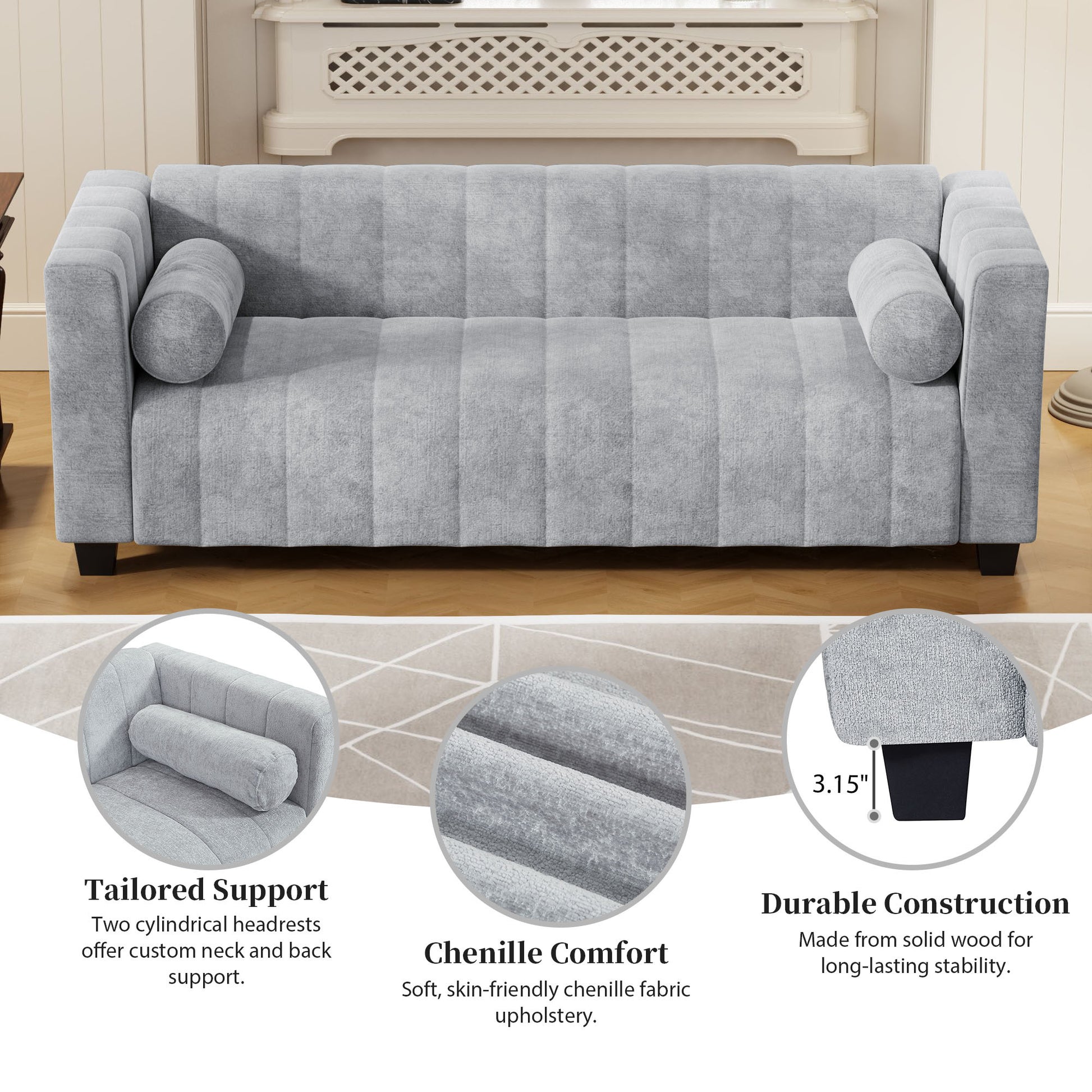 78.7''Upholstered Sofa For Living Room, Bedroom, Salon, Simplified Style Light Gray Polyester 3 Seat
