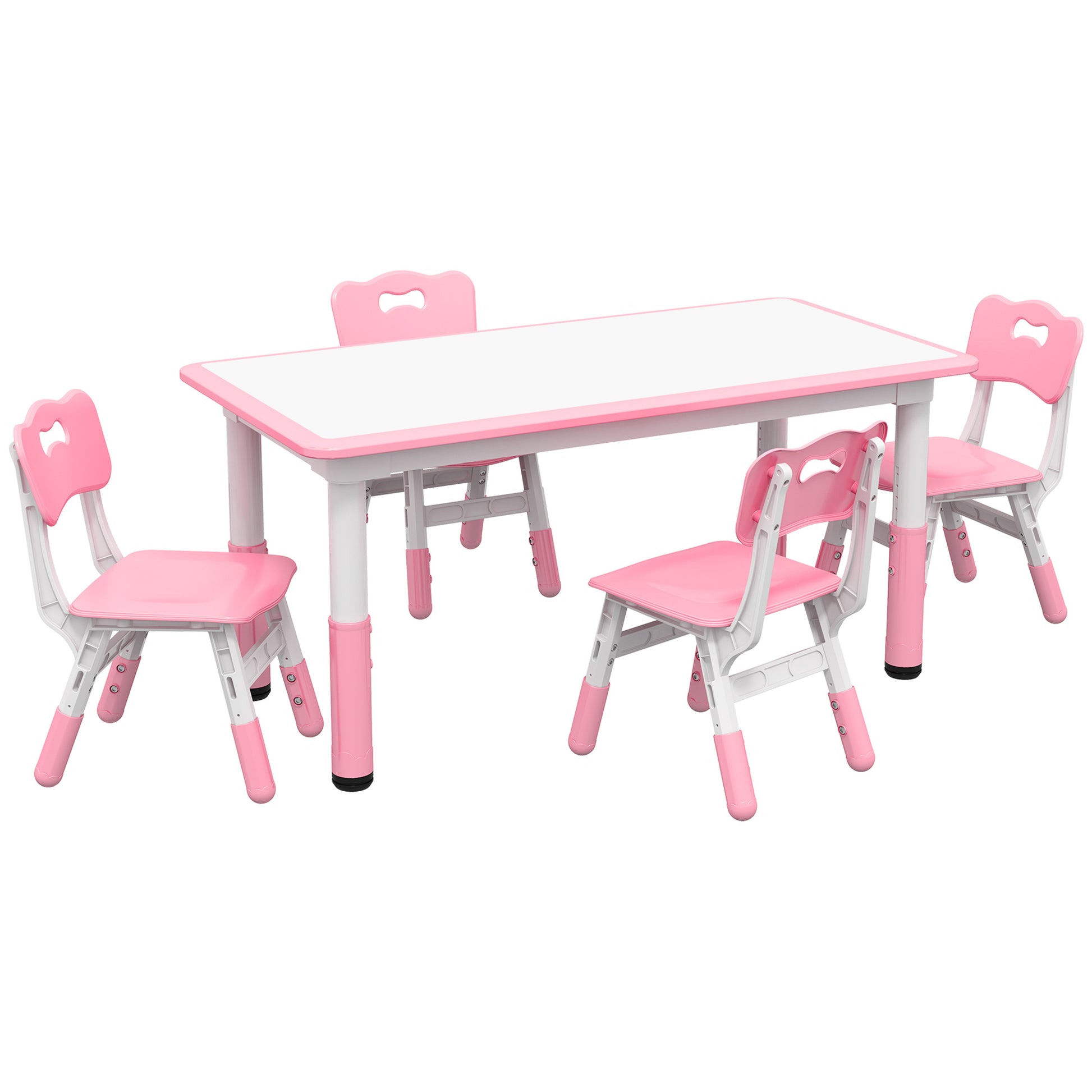 Qaba Kids Table And Chair Set, 5 Piece Toddler Table And Chair Set With 4 Chairs Adjustable Height, For Snack Time, Homeschooling Aged 1.5 5 Years Old, Pink Pink Plastic