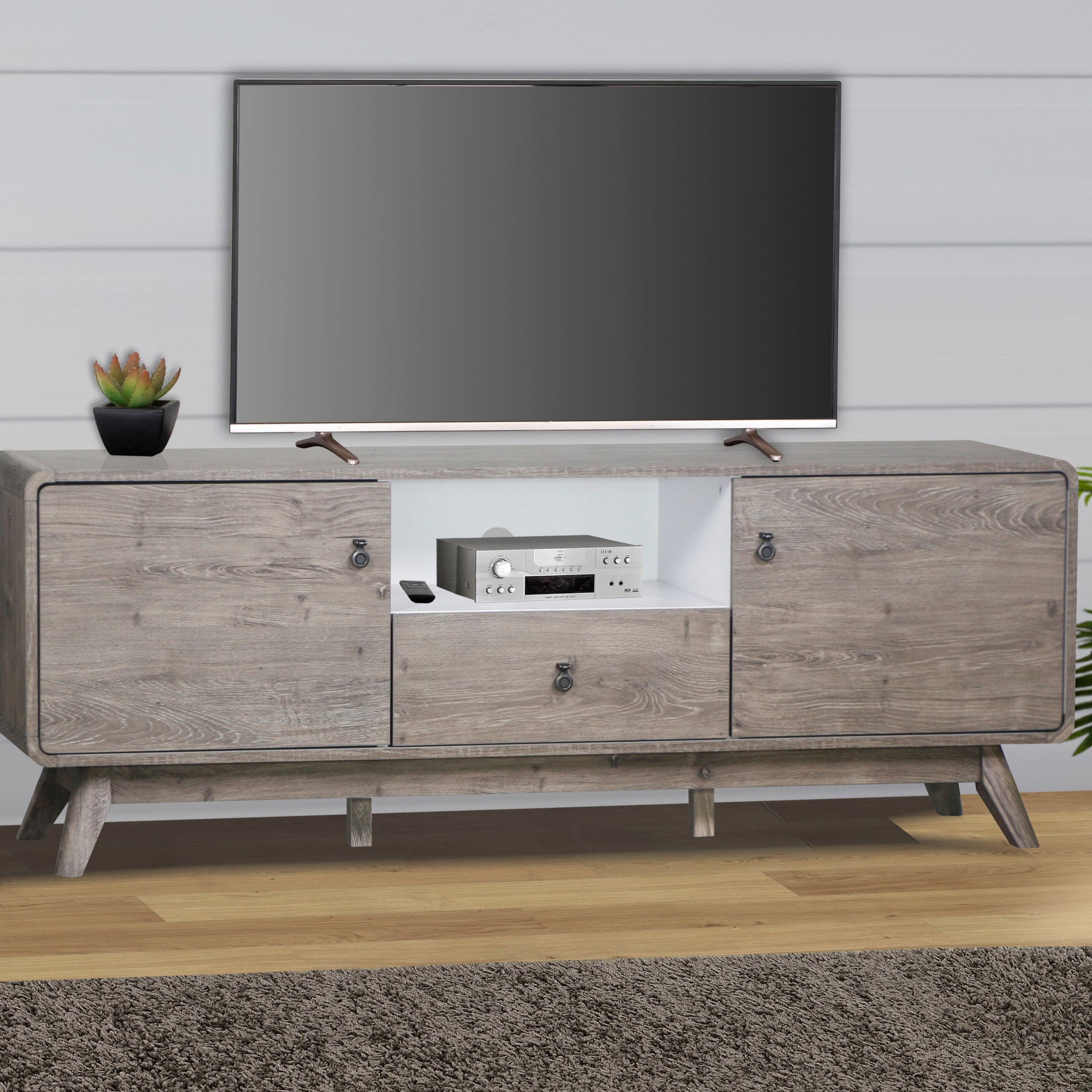 Tv Stand "Rustic Gray Oak Media Console Spacious Modern Tv Stand With Drawers And Cabinets, Ideal For 65 85 Inch Tvs" Gray 80 89 Inches Solid Wood