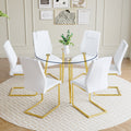 A Modern Minimalist Style Round Transparent Tempered Glass Table With Gold Metal Legs, Paired With 6 Modern Pu Leather High Back Dining Chairs Bring A Luxurious Experience. White Seats 6 Glass Metal