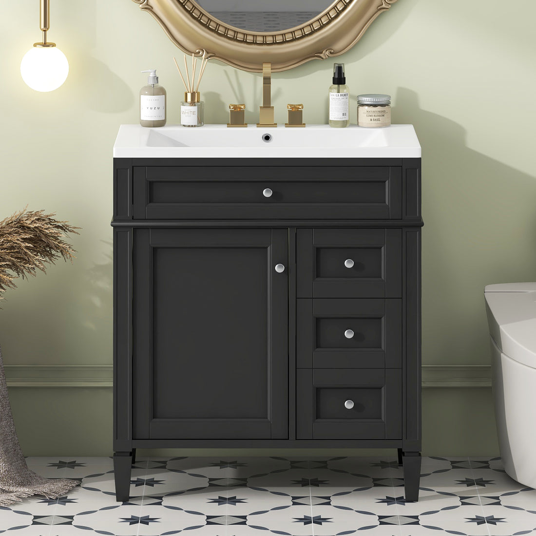 30'' Bathroom Vanity With Top Sink, Modern Bathroom Storage Cabinet With 2 Drawers And A Tip Out Drawer, Single Sink Bathroom Vanity Black Bathroom Solid Wood Mdf