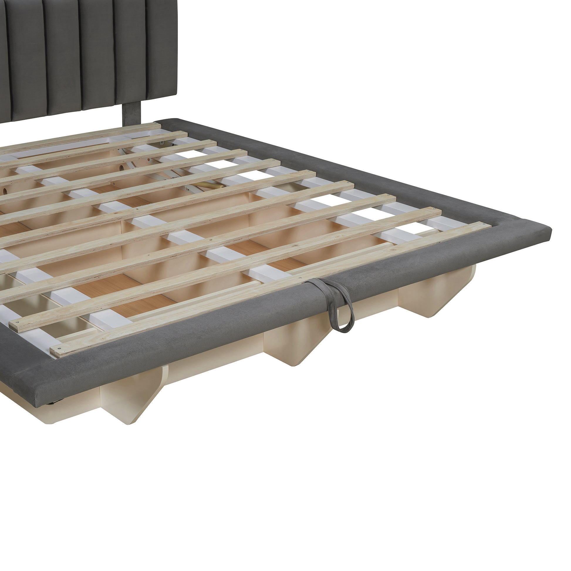 Queen Size Upholstered Floating Bed With Led Light And Usb Port, Velvet, Gray, Hydrualic Platform Bed Queen Gray Velvet