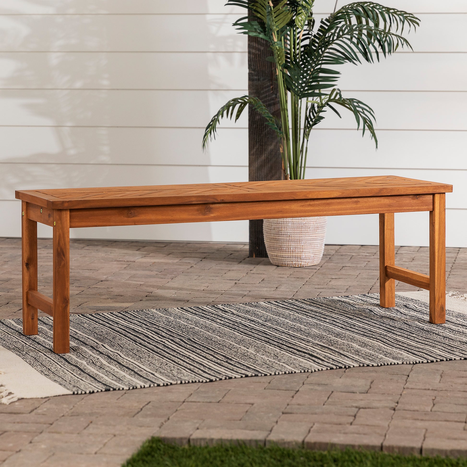 Modern Chevron Top Solid Wood Patio Bench Brown Brown Polyester Acacia Wood