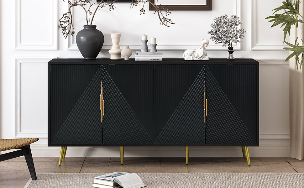 Stylish Sideboard With Wave Geometric Design, Conical Legs, Adjustable, Suitable For Study, Entryway And Living Room Black American Design Mdf