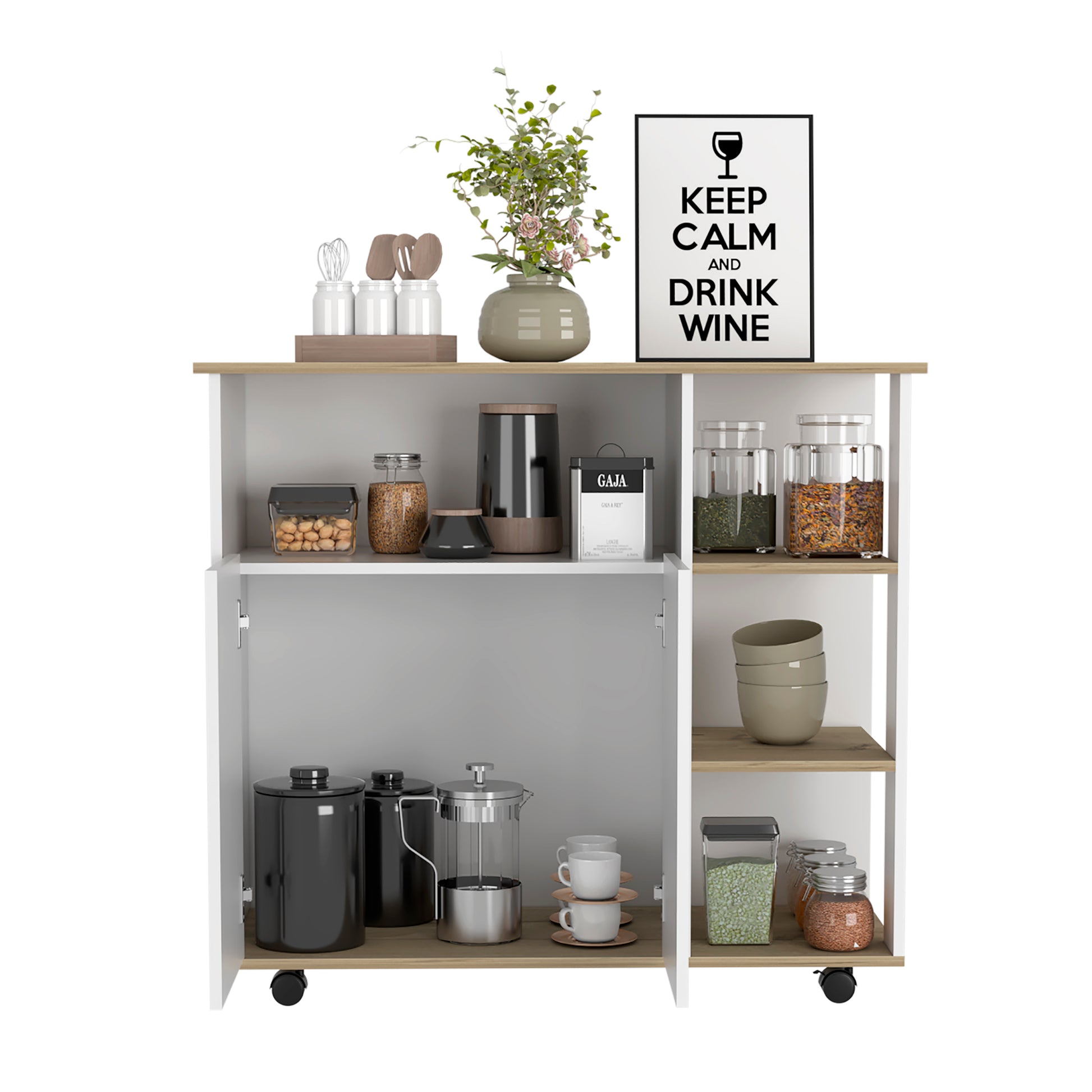 Kitchen Cart 35" H, Four Open Shelves, Double Door Cabinet, Four Casters Light Oak White Multicolor Particle Board Particle Board