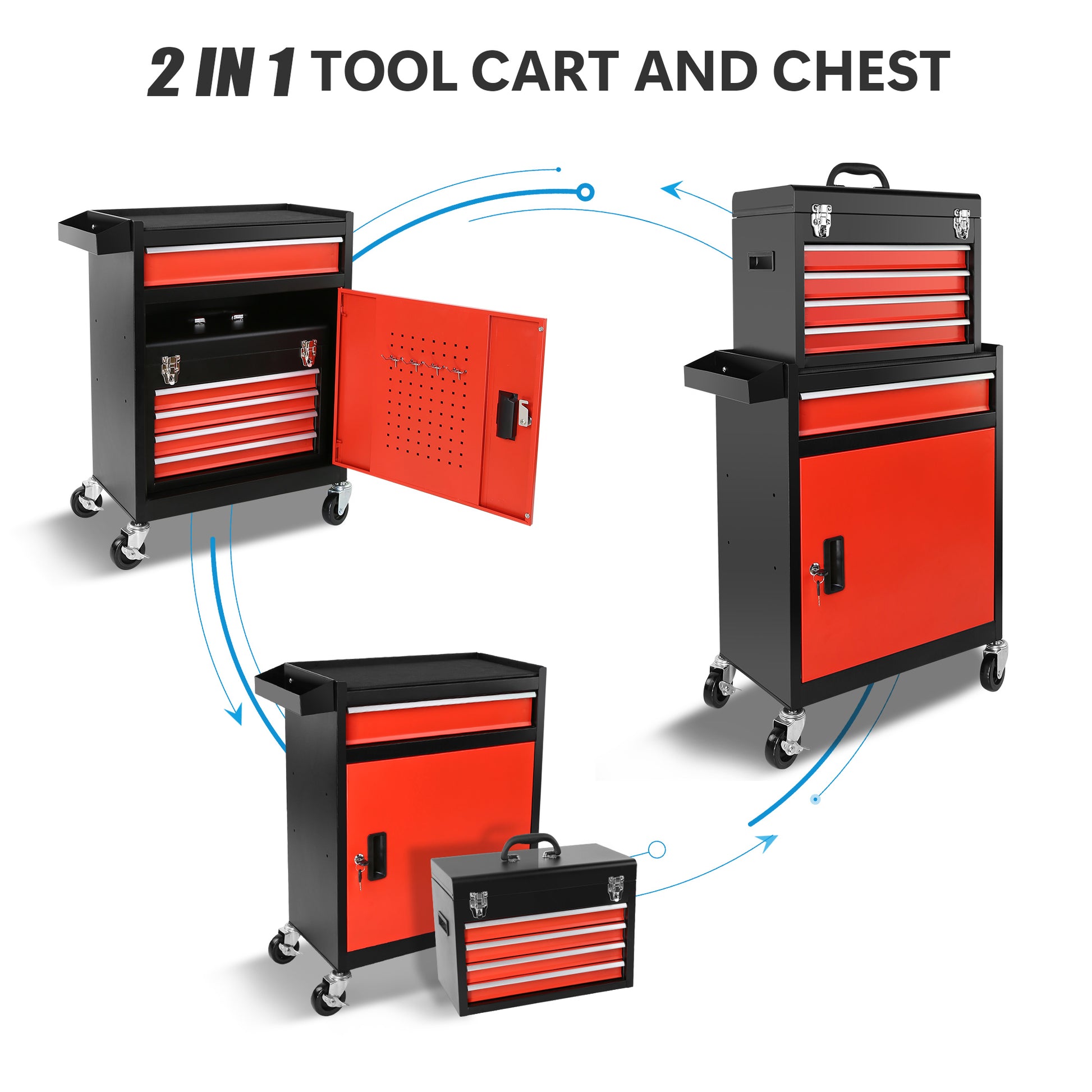 Tool Chest, 5 Drawer Rolling Tool Storage Cabinet With Detachable Top Tool Box, Liner, Universal Lockable Wheels, Locking Mechanism, Metal Tool Cart For Garage Workshop Black Red Steel