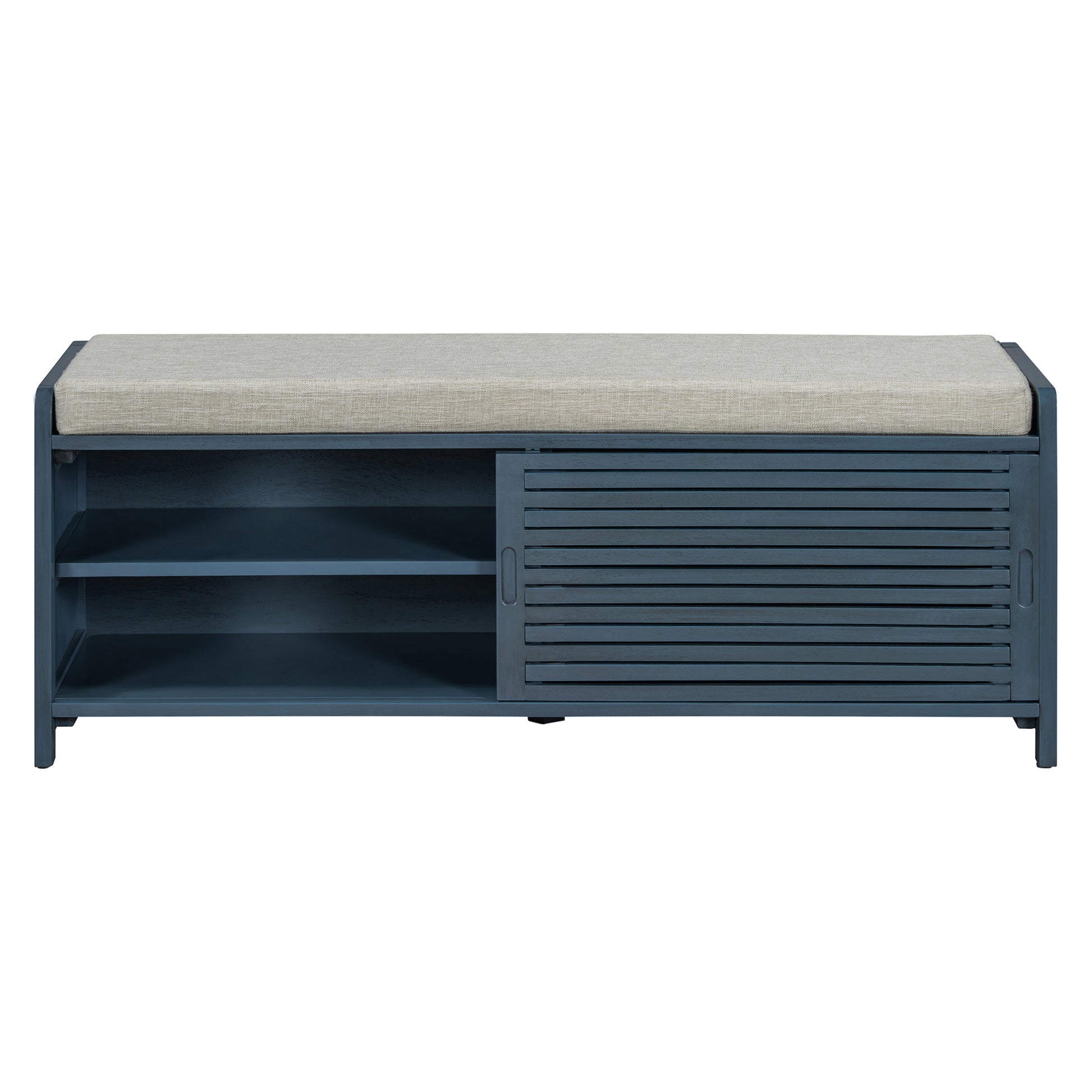 Distressed Shutter Storage Bench With Acacia Veneer For Retro Charm For Living Room, Entryway Navy Navy Mdf