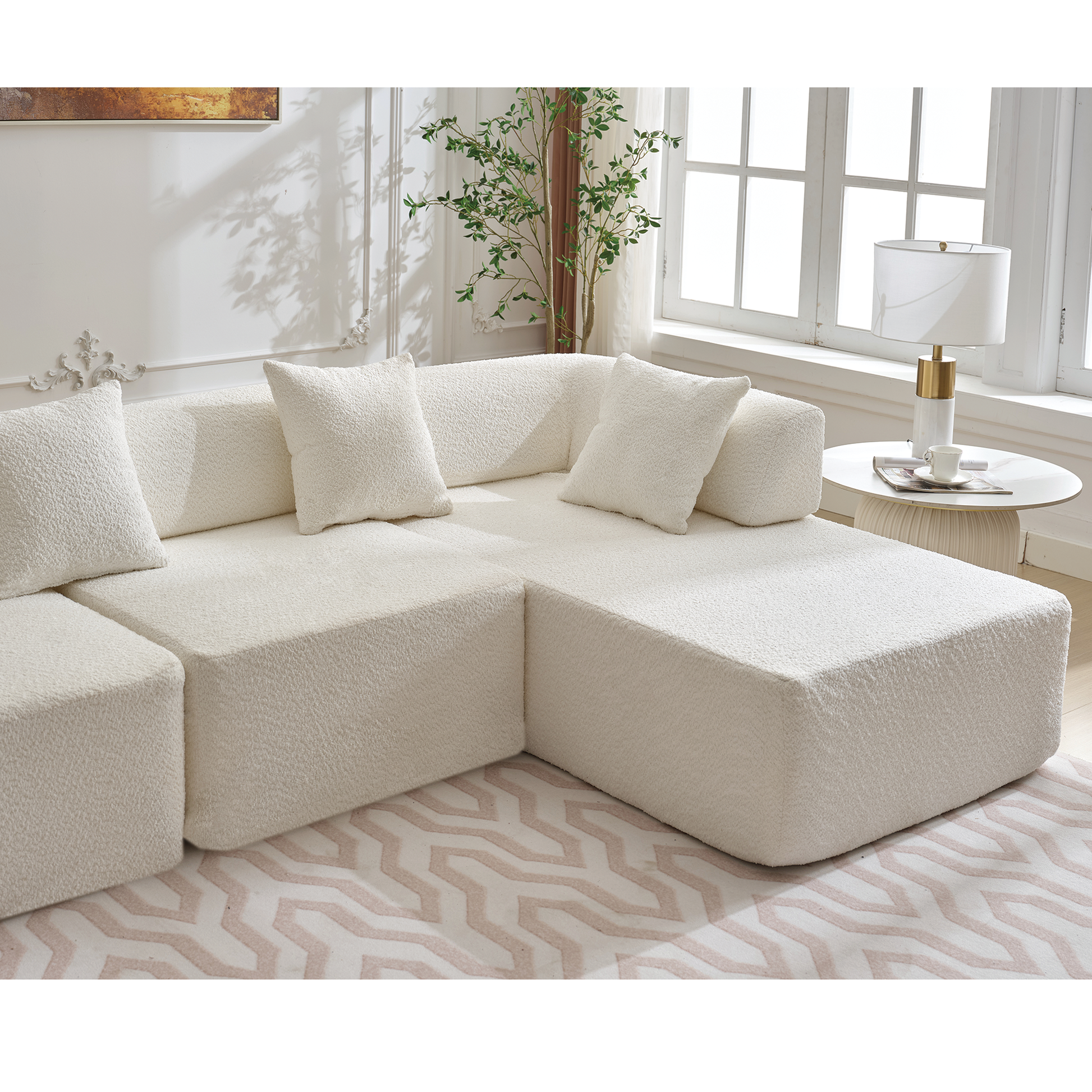 Arrived Modern Minimalist 140" L Shape Couch ,No Assembly Required,Boucle,Modular Sofa ,Couch With Chaise,Free Combination Foam Filled Sofa, 4 Seats,White White Polyester Primary Living Space Soft Modern Foam Polyester 4 Seat