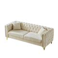 82 Inch Chenille Pull Buckle Design Sofa For Living Room,Buttons Tufted With Copper Nail Decoration Armrest, Modern Couch Upholstered Button And Metal Legs Beige Foam Chenille 3 Seat