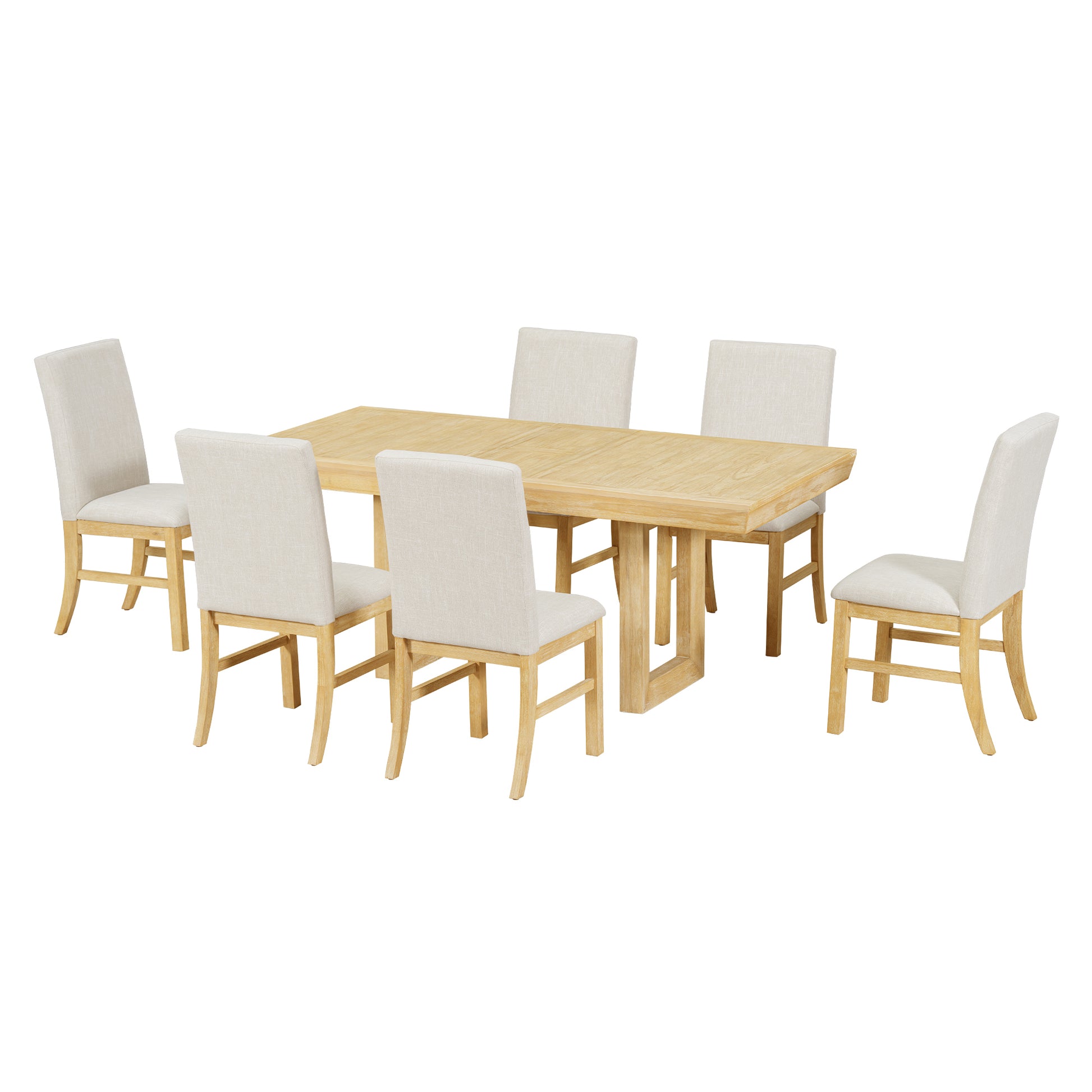 Traditional 7 Piece 72" Extendable Dining Table Set With 12Inch Butterfly Leaf And 6 Upholstered Dining Table Set, Natural Wood Dining Room Distressed Finish Rubberwood Rectangular Dining Table With Chair Wood Wood Natural Seats 6 72 Inches Butterfly