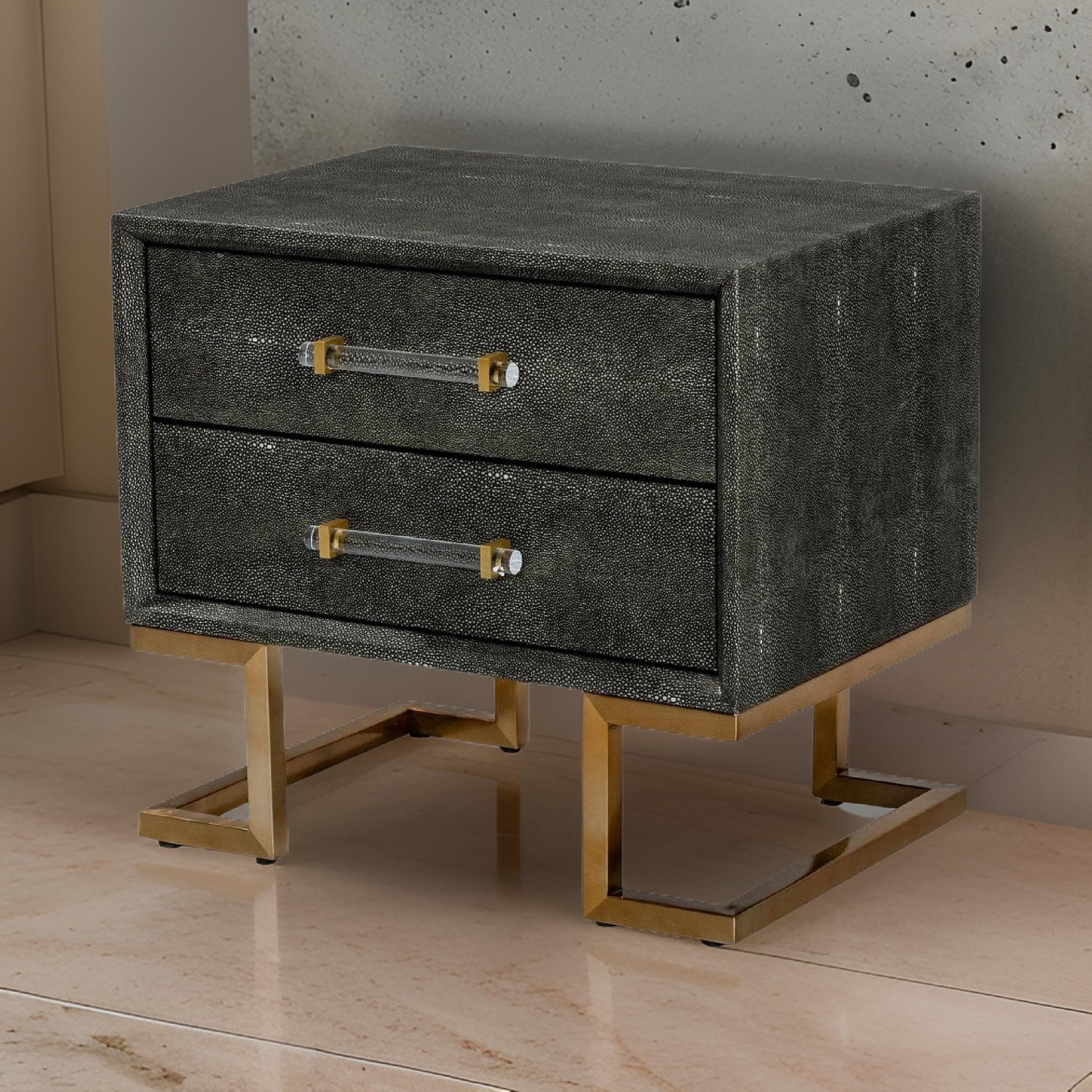 Cid Jon 24 Inch Modern Nightstand, 2 Drawers, Classic, Faux Leather, Gray Grey Gold Wood Fabric