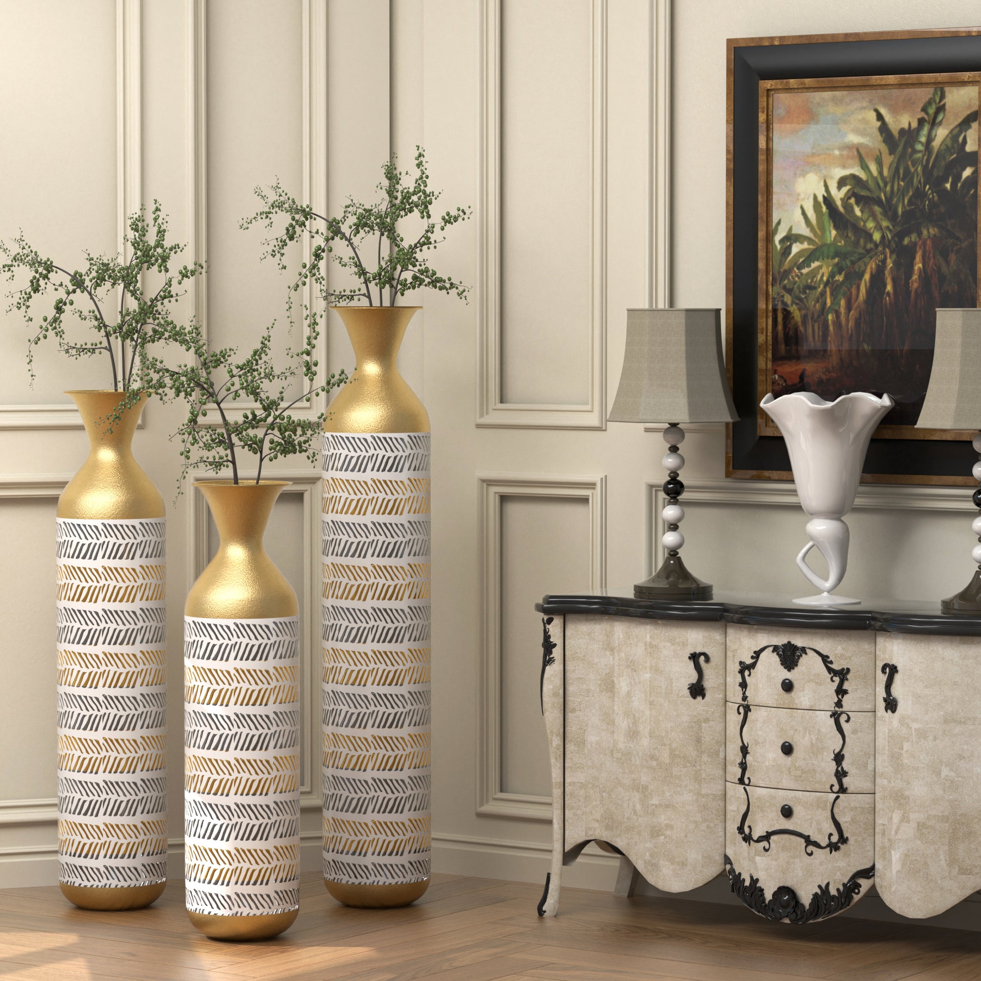 High Floor Vase Flowers 24 28.7 33.5 "Oversized Floor Vase Set Of 3 Large Metal Glazed Vases Pampas Prairie Twigs Vintage Grey Oversized Vases Living Room Bedroom Family Farmhouse Blue Gold American Design,American Traditional Metal