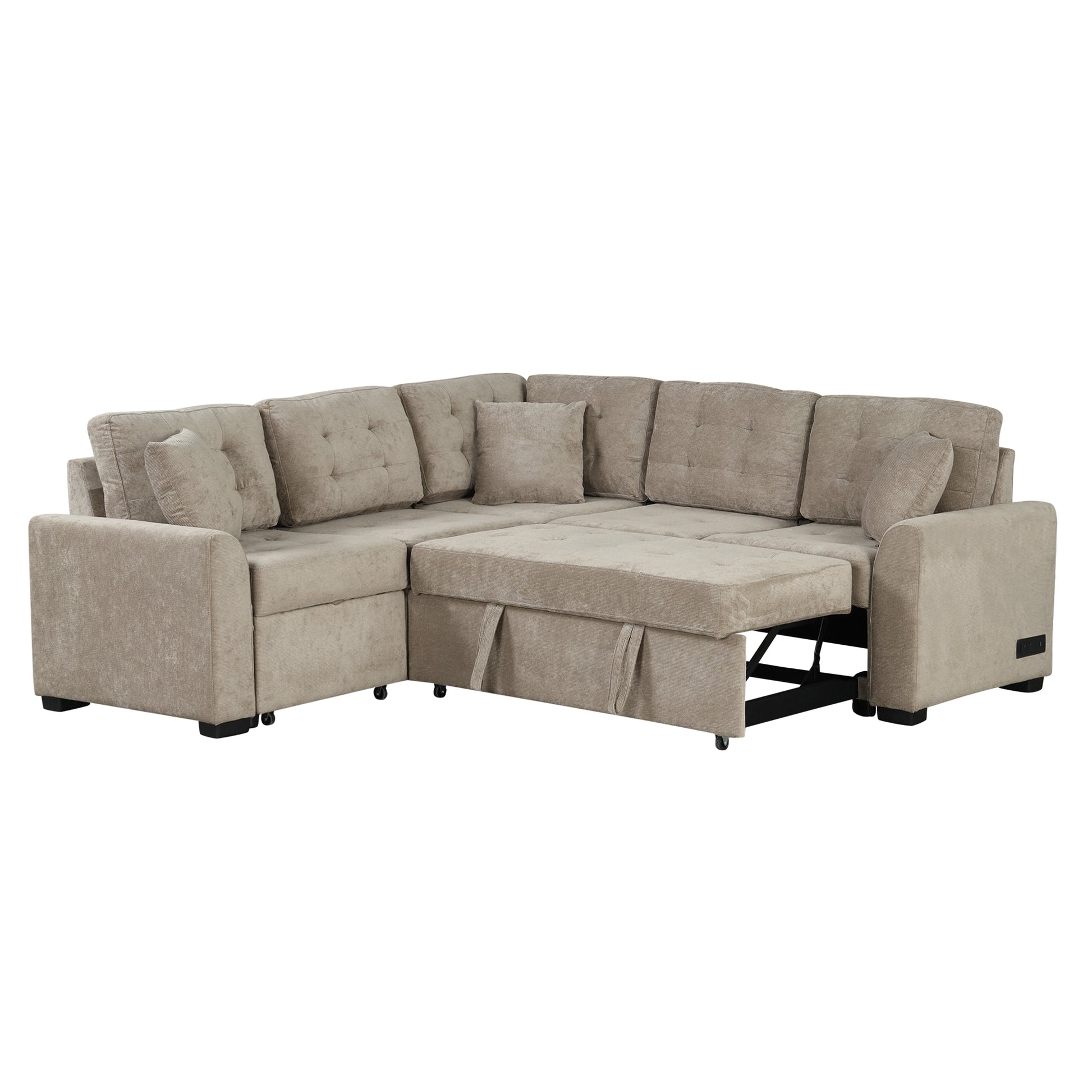 82.6" L Shape Sofa Bed Pull Out Sleeper Sofa With Wheels, Usb Ports, Power Sockets For Living Room Sg001230Aa , Khaki Khaki Foam Velvet 4 Seat