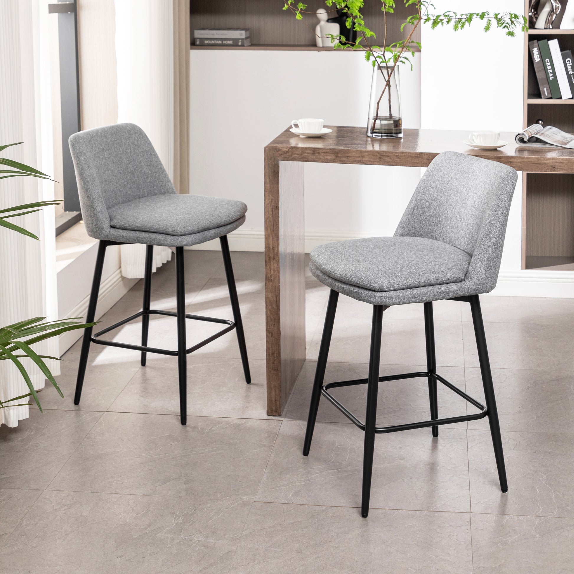 Counter Height Swivel Bar Stools Set Of 2, 360 Swivel Upholstered Barstools With Back And Metal Legs, 25.6" Seat Height,Counter Stools For Kitchen Island And Pub,Linen Cloth,Grey Light Grey Set Of 2 Linen