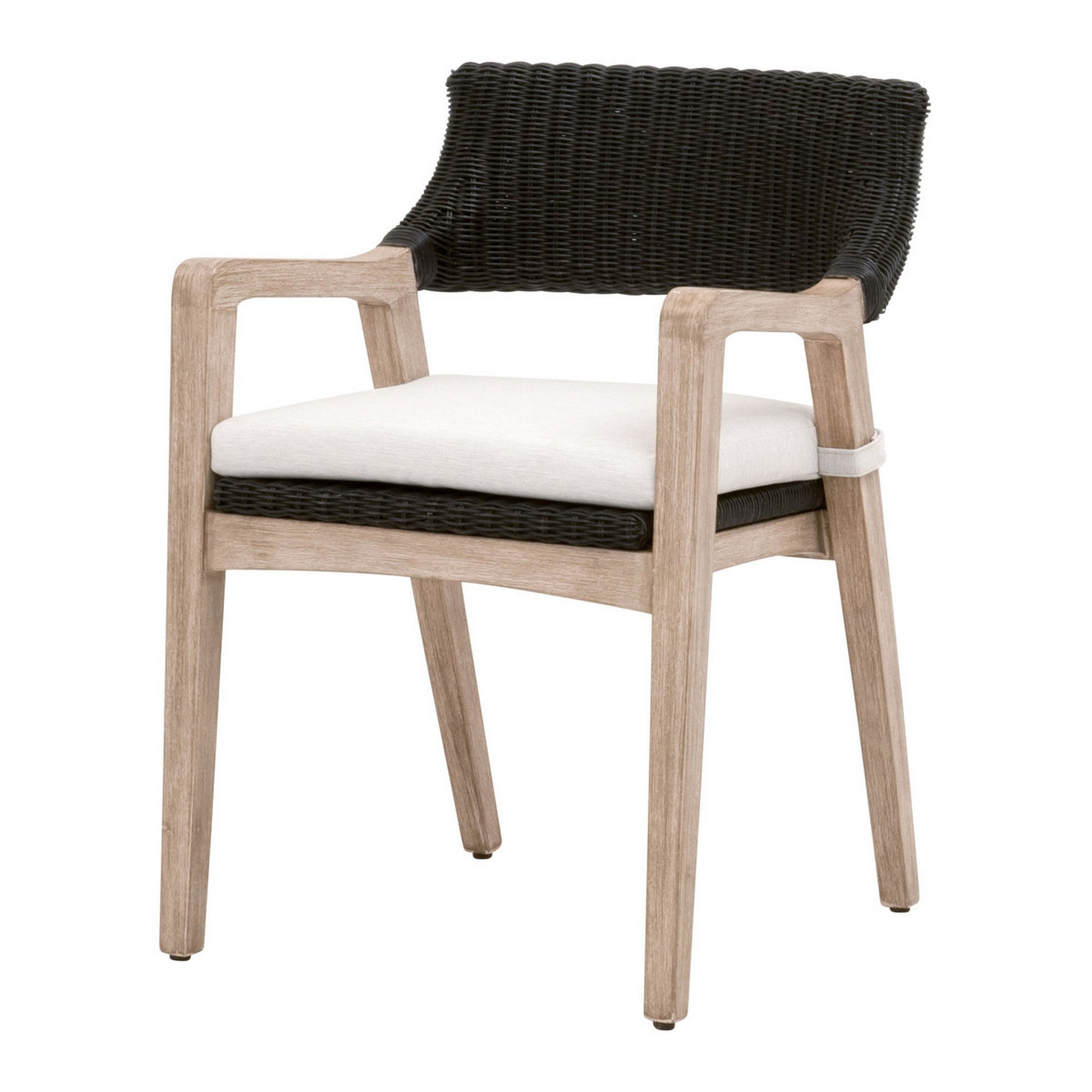 Uto 22 Inch Dining Outdoor Armchair, Black Rattan, White Olefin Upholstery White Black Wood