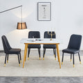 Table And Chair Set.A Morden Table With White Imitation Marble Patterned Stone Burning Tabletop With Golden Metal Legs.Paried With 4 Chairs With Pu Leather Backrest And Black Metal Legs. Black,White Gold Seats 4 Metal,Sintered Stone