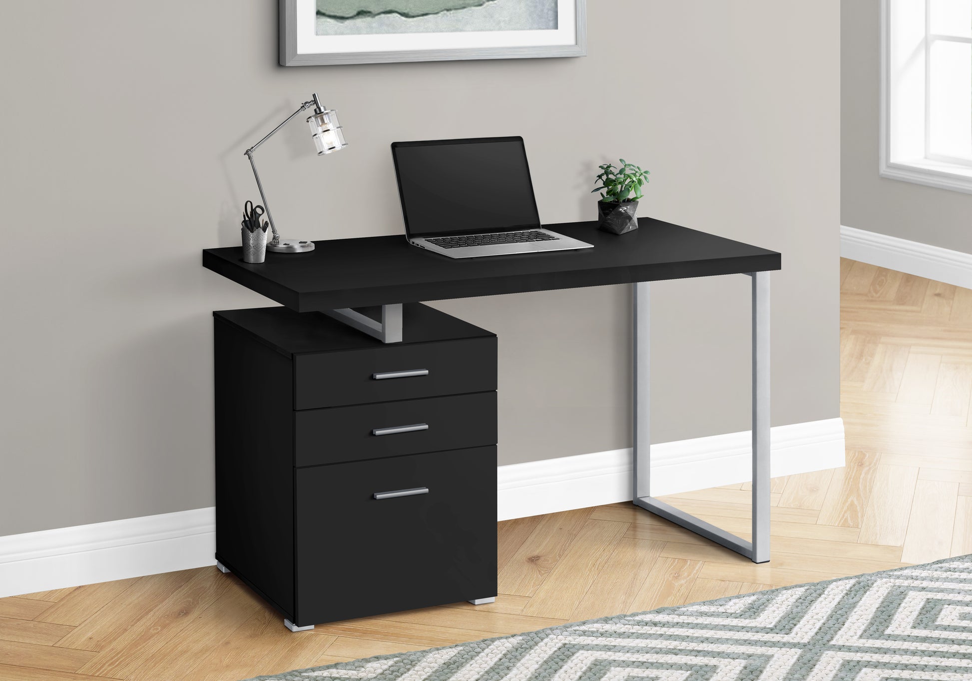 Computer Desk, Home Office, Laptop, Left, Right Set Up, Storage Drawers, 48"L, Work, Black Laminate, Grey Metal, Contemporary, Modern Black Particle Board