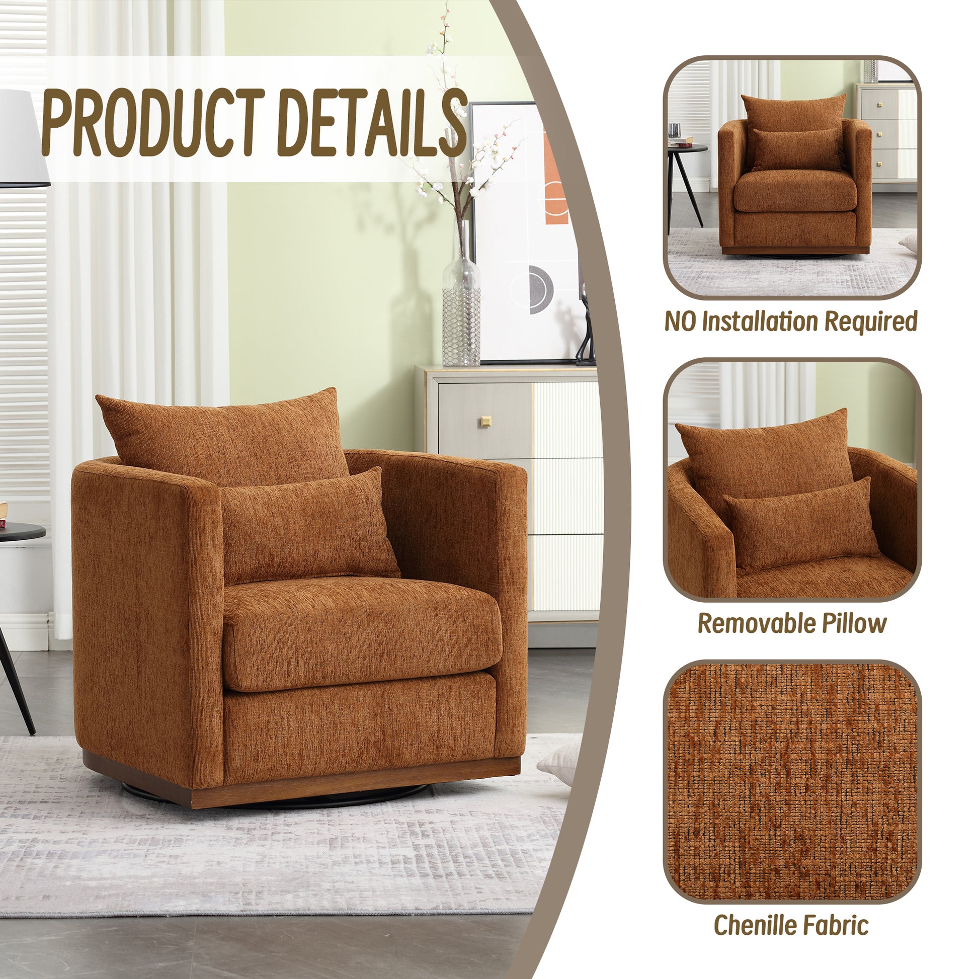 Coolmore Swivel Barrel Chair, Comfy Round Accent Sofa Chair For Living Room, 360 Degree Swivel Barrel Club Chair, Leisure Arm Chair For Nursery, Hotel, Bedroom, Office, Lounge Brown Chenille Brown Primary Living Space Foam Chenille