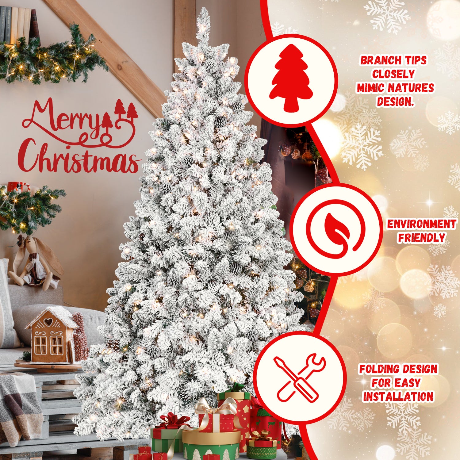 9Ft Snow Flocked Artificial Christmas Tree With Pine Cones, Prelit Xmas Trees, Hinged Easy Assembly & Reinforced Metal Base Ideal For Indoor & Outdoor Festive Decorations White Polyethylene