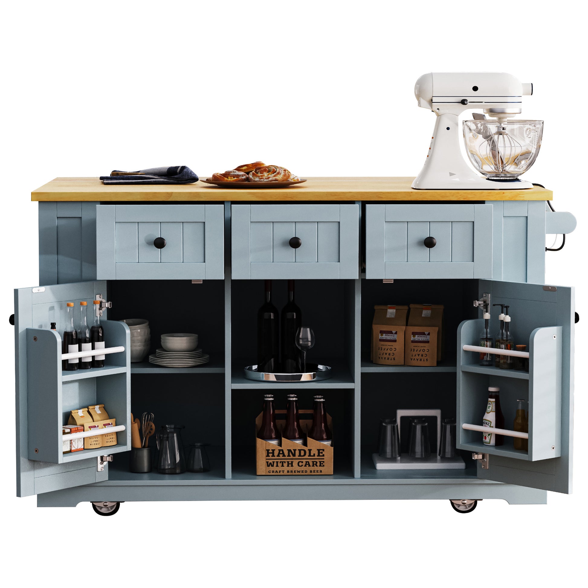 K&K 53Inch Large Kitchen Island With Drop Leaf,Power Outlet,Door Internal Storage Rack,Rolling Kitchen Cart On 5 Wheels With 5 Open Side Racks For Kitchen,Dining Room,Grey Blue Not Include Bar Stools Grey Blue Gray Kitchen Classic,Farmhouse,Luxury,Modern