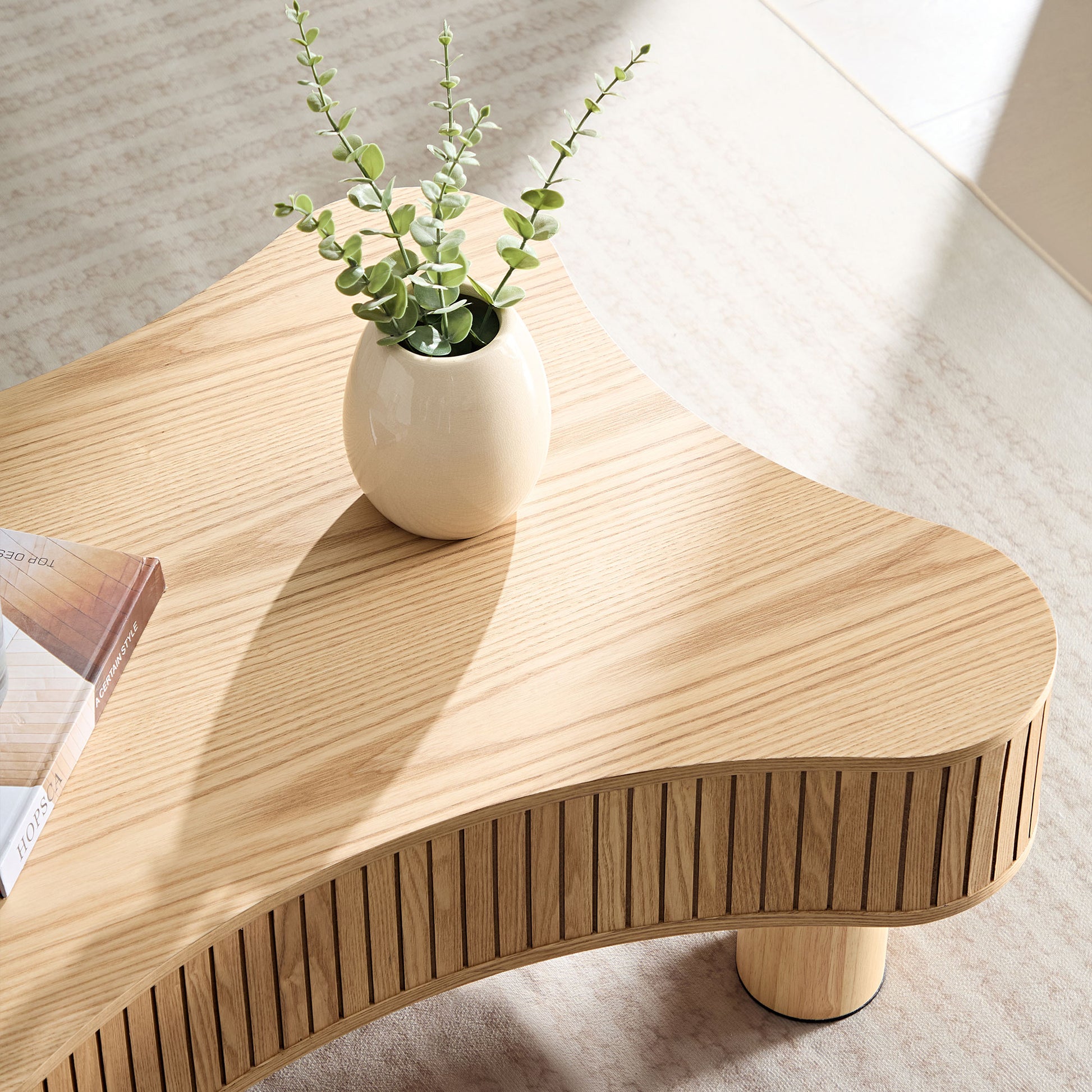 42.52 Inch Modern Wooden Handcraft Drum Coffee Table Irregular Shaped Coffee Table For Living Room,Small Coffee Table With Sturdy Pedestal,Natural Color Natural Solid Wood Mdf