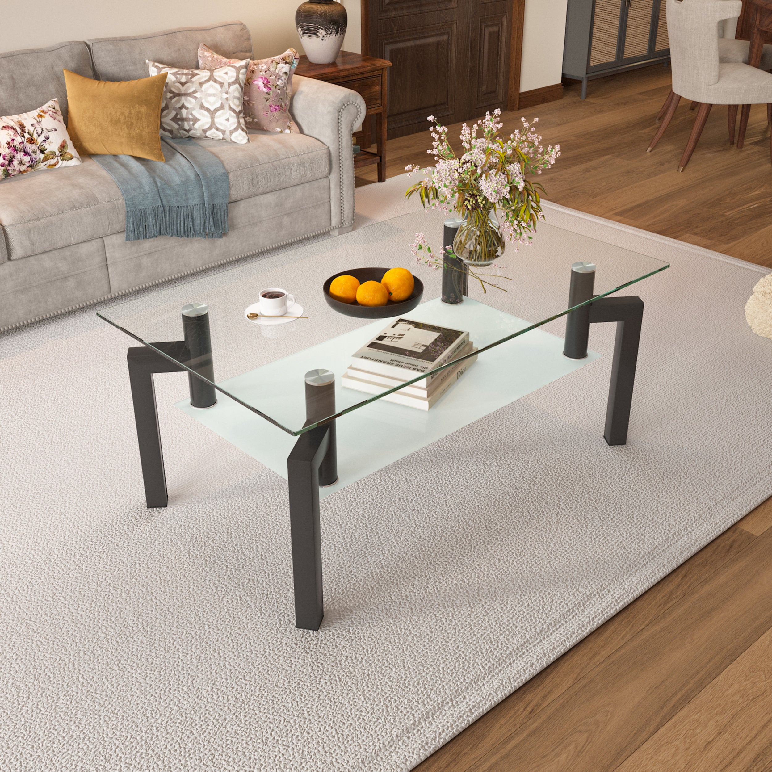 Rectangle Black Glass Coffee Table Clear Coffee Table Modern Side Cent