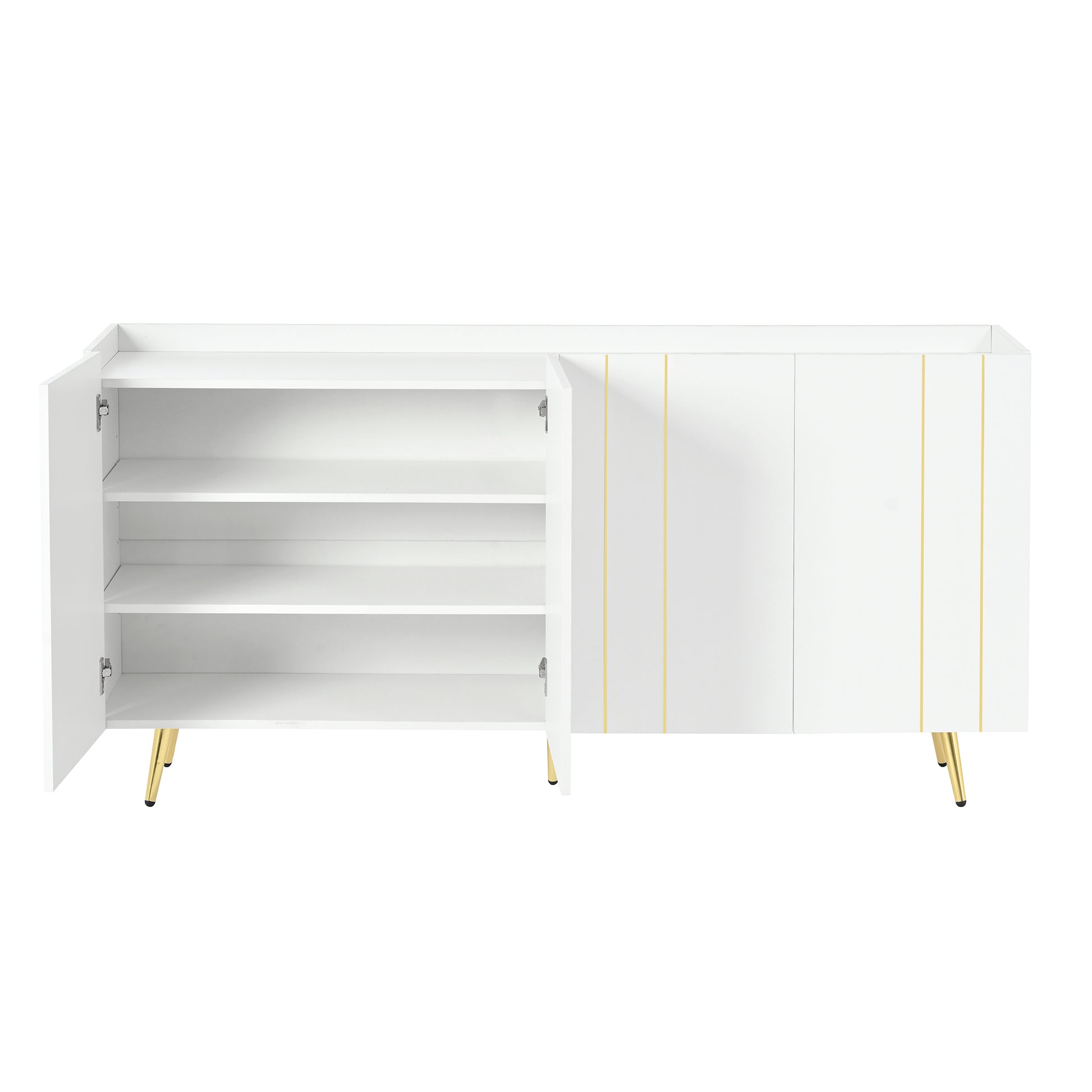 Luxurious Shoe Cabinet With 5 Metal Legs, Modern Tv Stand With 4 Adjustable Shelves For Tvs Up To 70", Minimalist Sideboard Cabinet With Gold Lines Doors For Living Room,62.9"X 31.4",White White