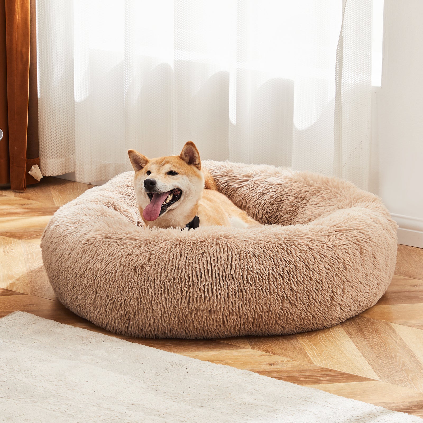 Anti Slip Round Fluffy Plush Faux Fur Cat Bed, Medium Brown Brown Fabric