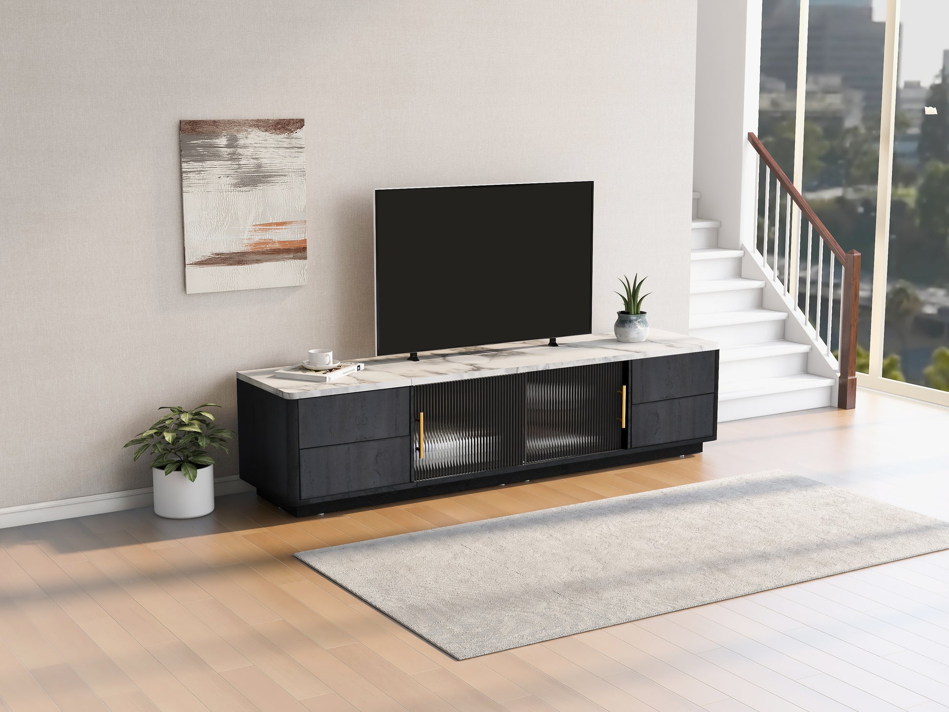 Modern Tv Stand For 70'' Tv With 4 Drawers, Media Console Table, Entertainment Center With Large Storage Cabinet For Living Room, Bedroom Black,White Primary Living Space 60 69 Inches 60 69 Inches