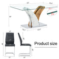 Table And Chair Set.Modern Dining Table, Tempered Glass Countertop With Artistic Mdf Legs.Paried With 6 Comfortable Chairs With Pu Seats And Metal Legs. Suitable For Various Decoration Styles. Black,Transparent Seats 6 Mdf Glass