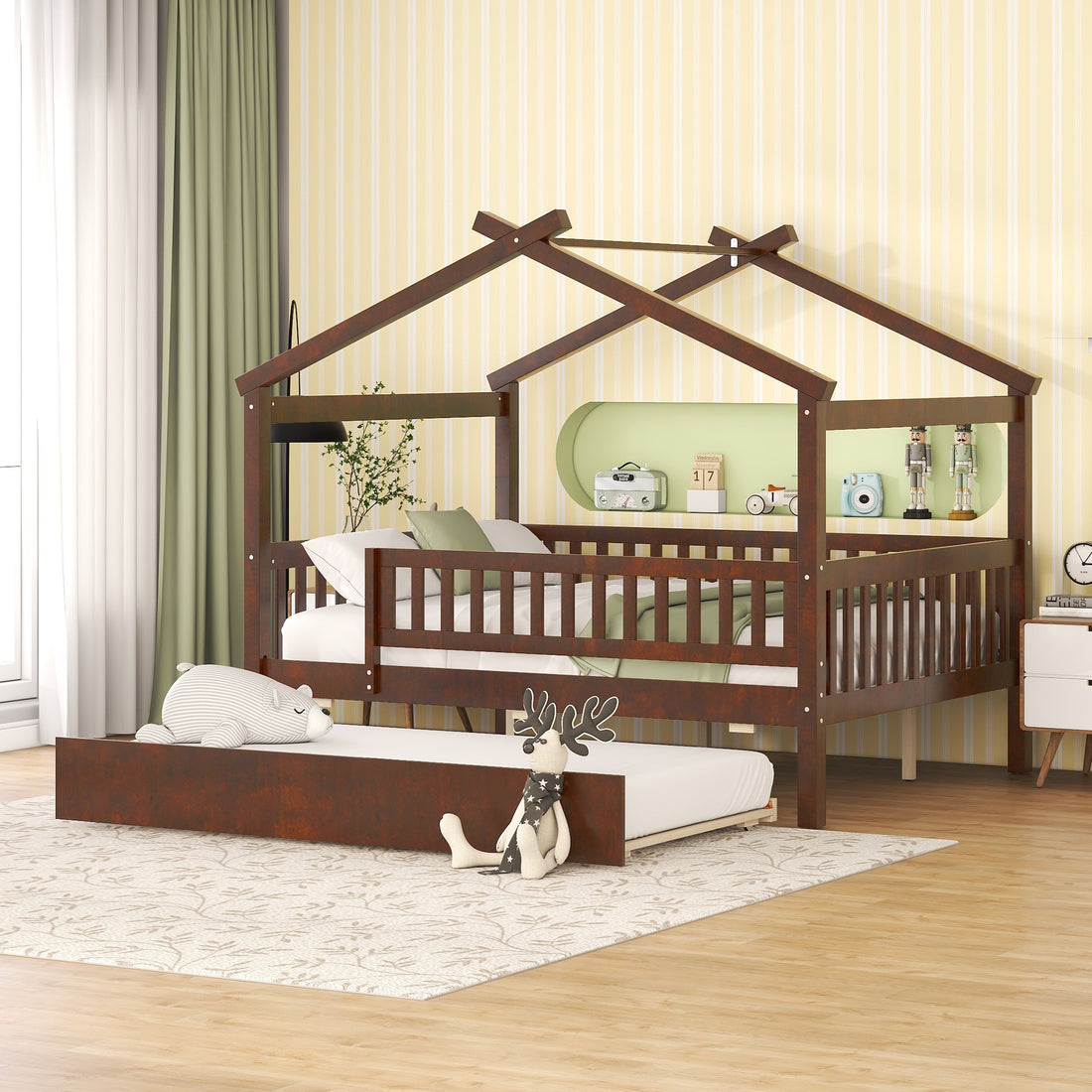 Full Size Wooden House Bed With Twin Size Trundle, Walnut Full Walnut Solid Wood Mdf