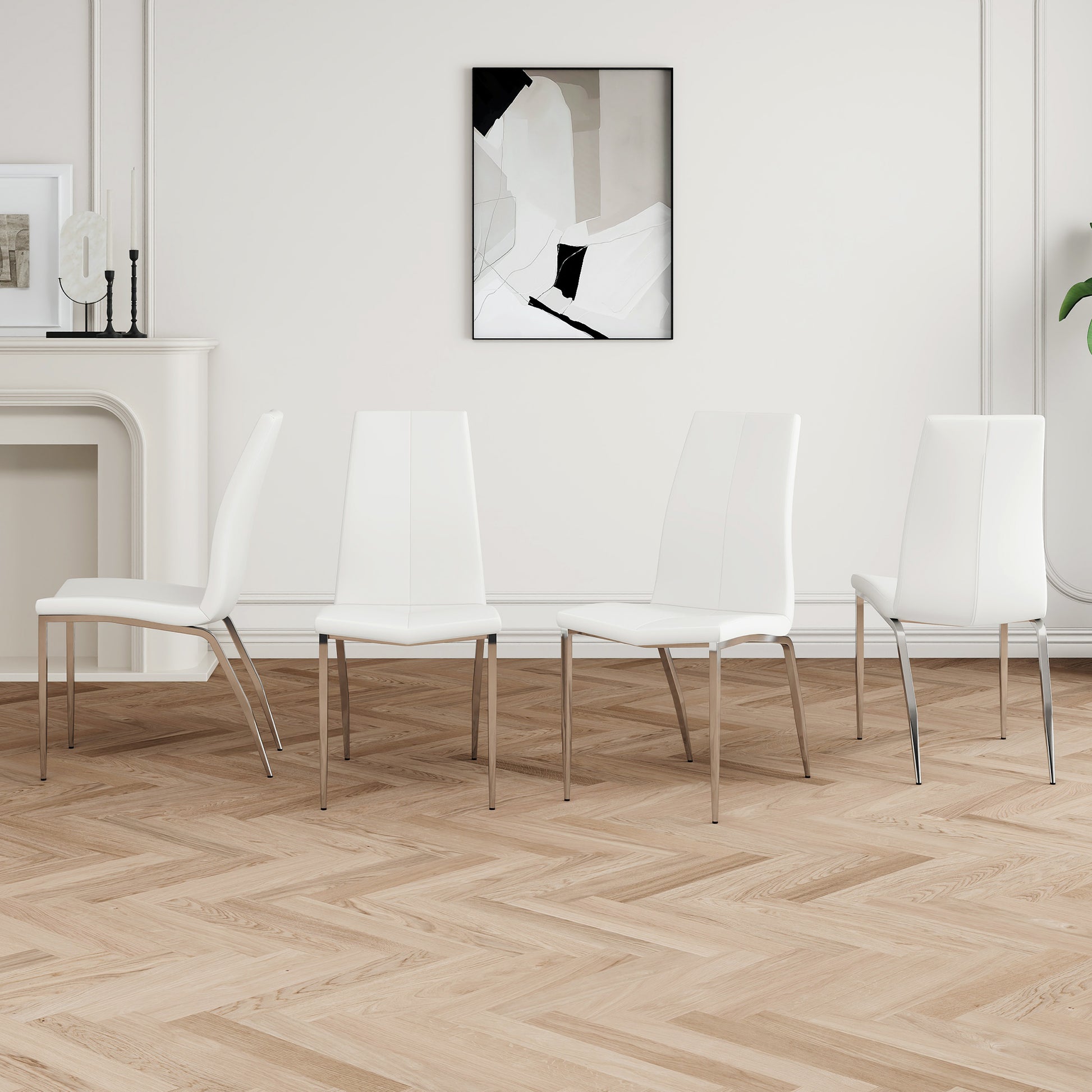 Modern Dining Chairs With Faux Leather Padded Seat Dining Living Room Chairs Upholstered Chair With Chrome Metal Legs Design For Kitchen, Living, Bedroom, Dining Room Side Chairs Set Of 4 White Metal