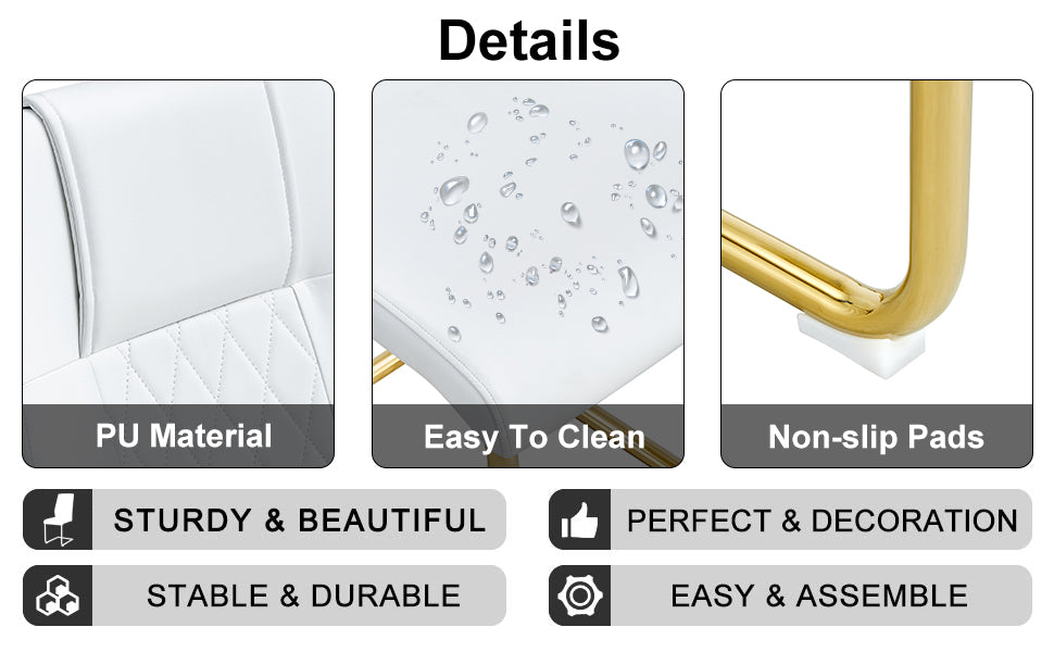 Table And Chair Set.Modern Rectangular Glass Dining Table With A Tempered Glass Tabletop And Metal Legs, Paired With Multiple Chairs Designed With Pu Cushions And Golden Metal Legs. White Gold Seats 8 Tempered Glass