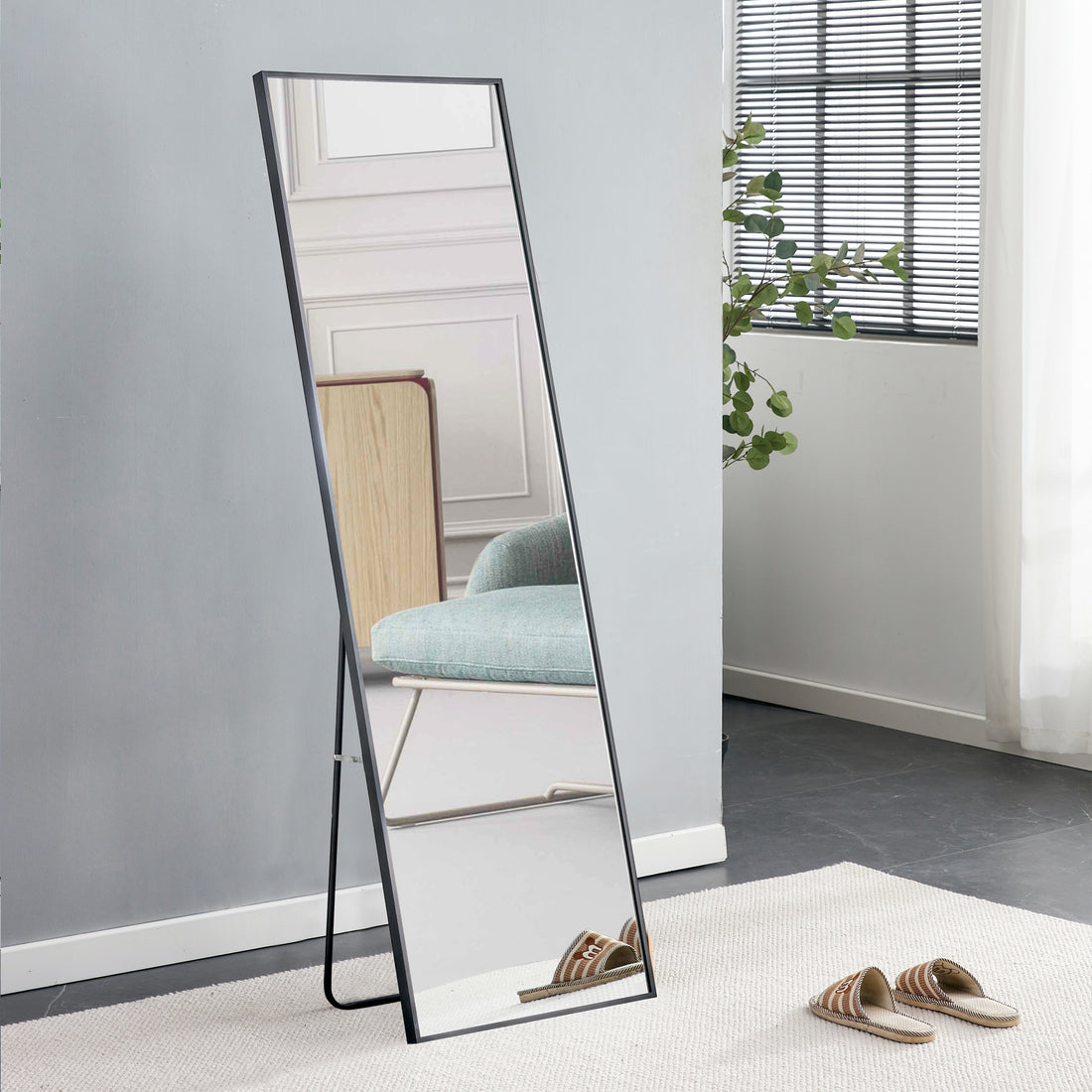 The 4St Generation Aluminum Alloy Metal Frame Wall Mounted Full Body Mirror, Bathroom Makeup Mirror, Bedroom, Decorative Mirror, Clothing Store, Floor Mounted Large Mirror, Black 63 "* 20"W1151127265 Black Glass