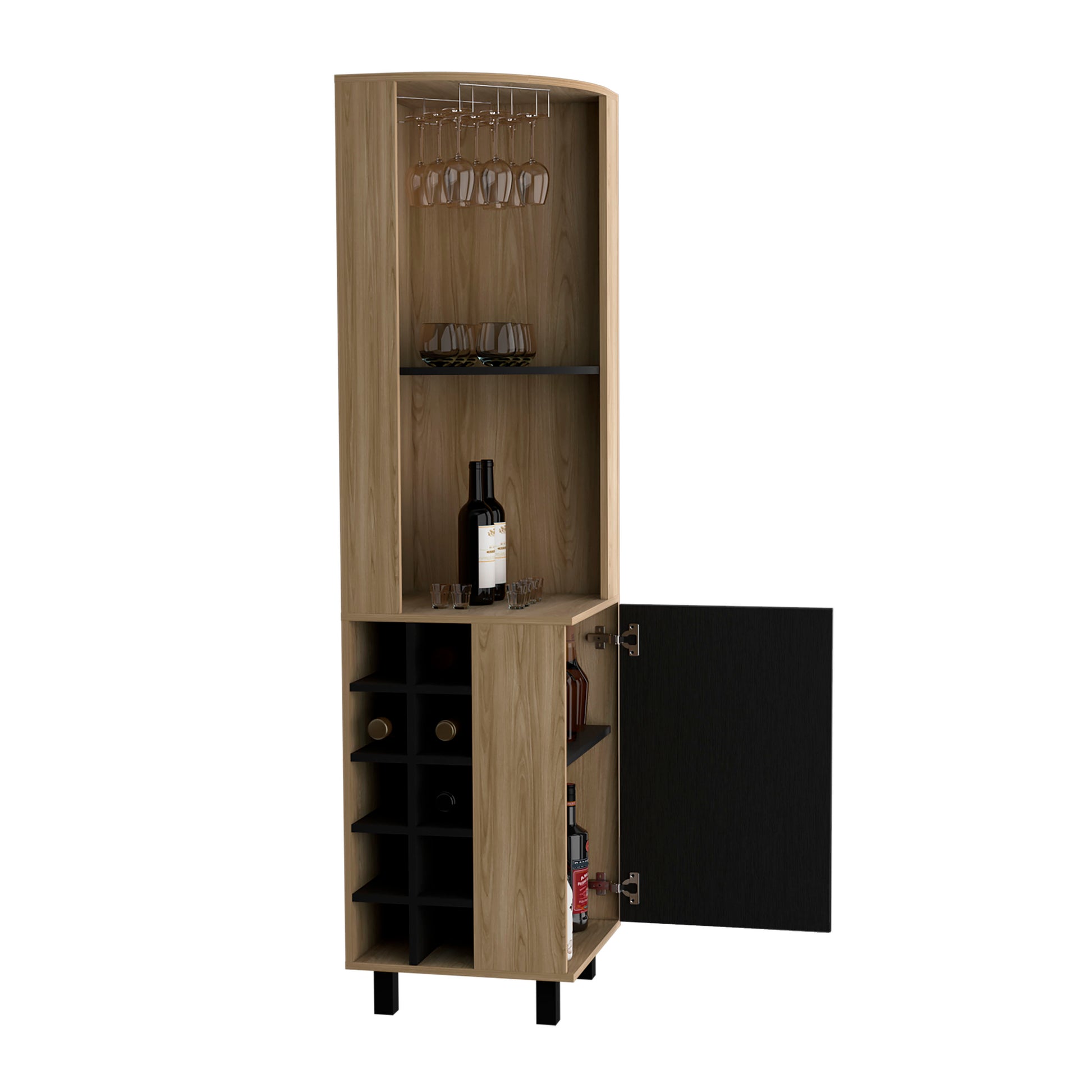 Kaia 70" Tall Corner Bar Cabinet With Four Shelves, Ten Wine Bottle Cubbies And Stemware In Natural Oak Black Light Oak Kitchen Modern Particle Board