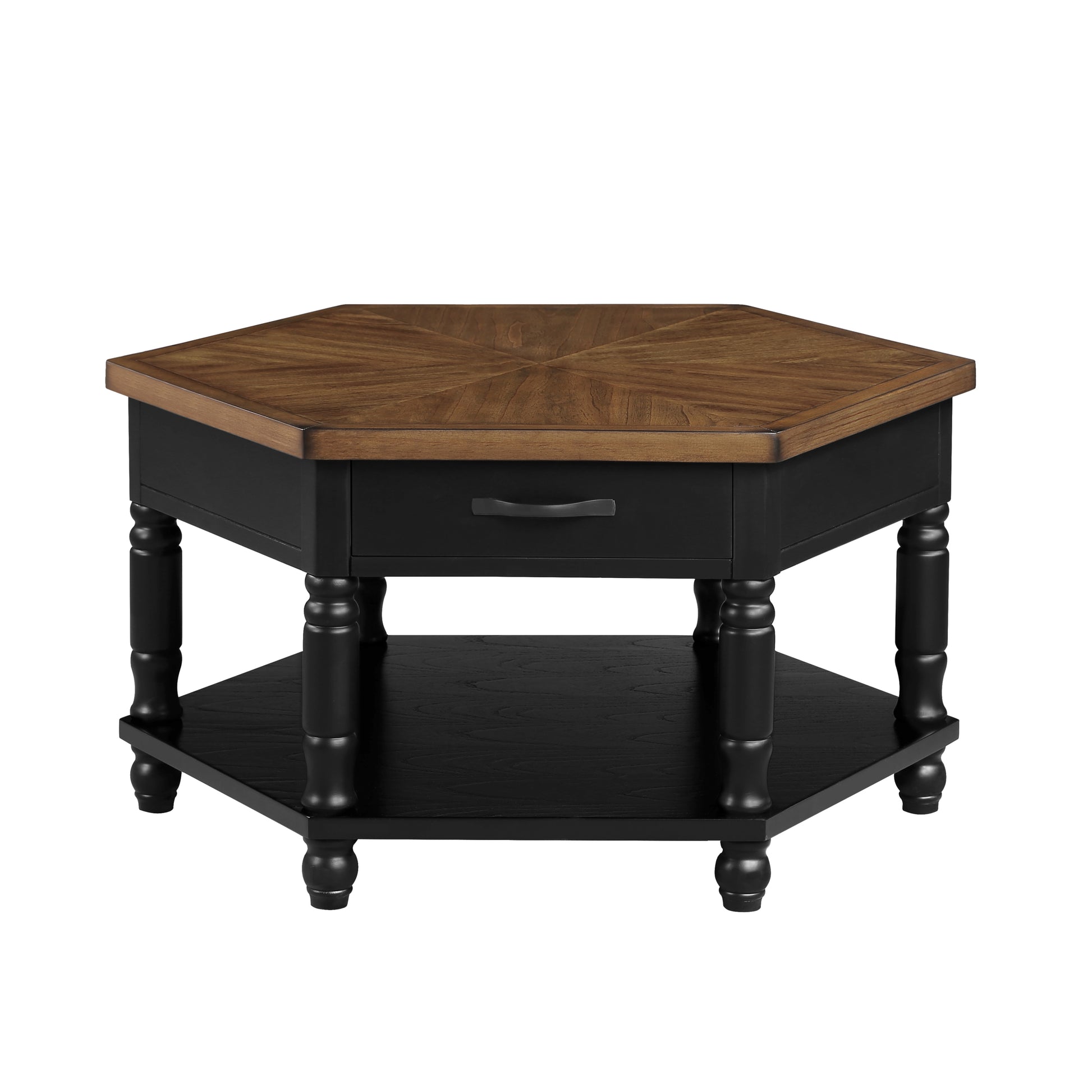 2 Tier Retro Hexagon Living Room Solid Wood Coffee Table With Shelf & Drawer, 36'' Mid Century Center Coffee Table For Living Room, Office. Black And Cherry Top Black Pine