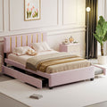 Queen Size Upholstered Platform Bed With 2 Drawers And 1 Trundle, Classic Metal Strip Headboard Design, Pink Queen Pink Mdf Lvl