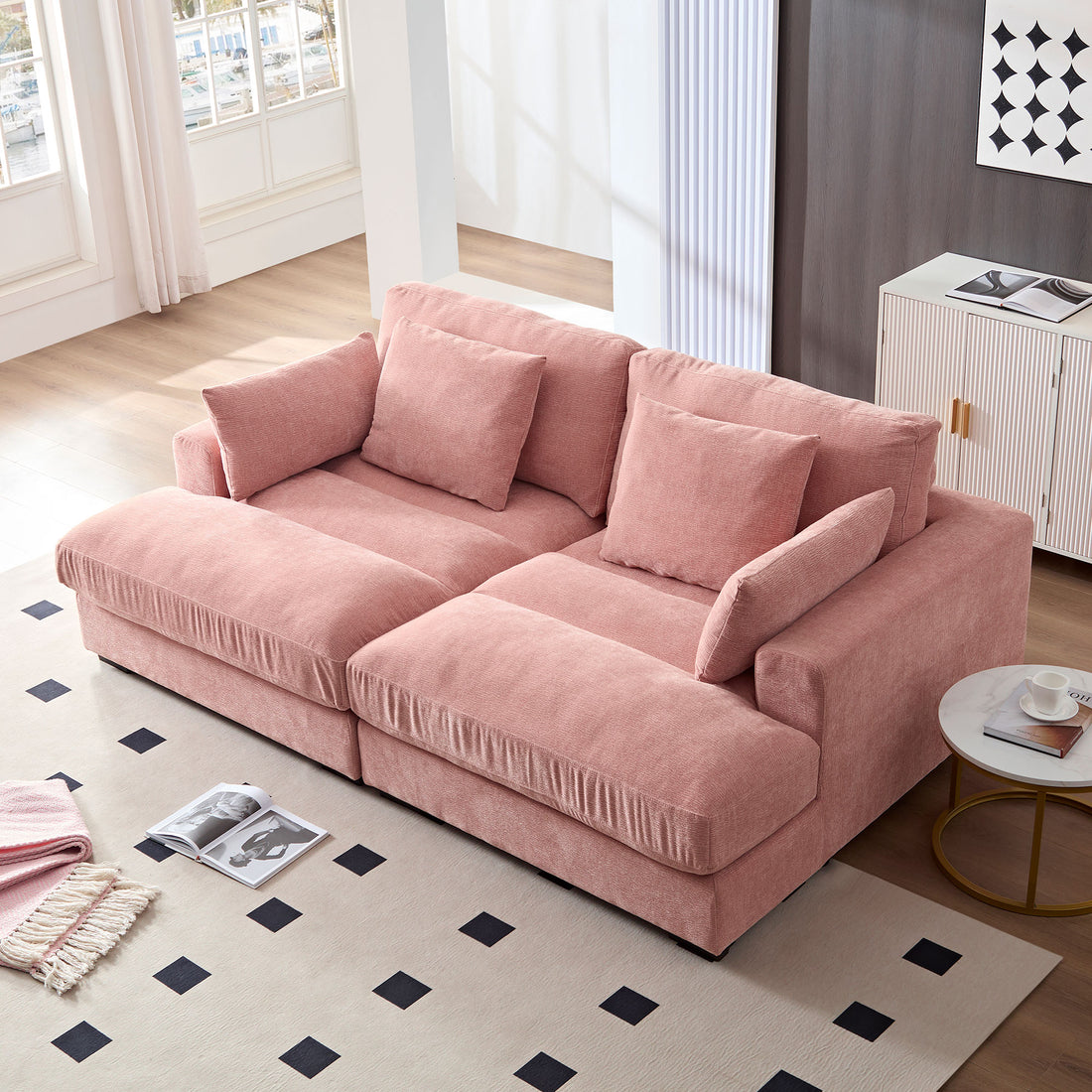 89.76 Inch Double Sleeper Sofa Cloud Couch Soft Fluffy Fabric Upholstery With Square Armrests,Comfor Daybed With Over Wide Sofa Bed,Modern Beanbag For Living Room Apartment,Pink Pink Fabric 2 Seat