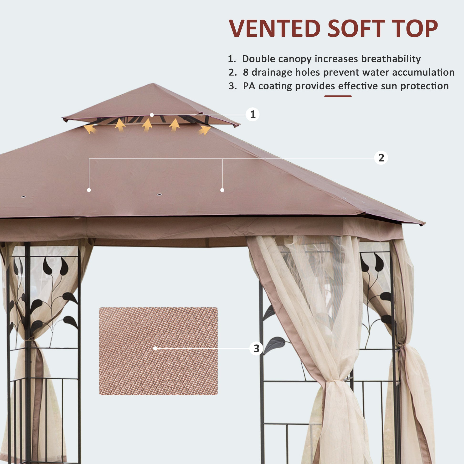 Outsunny 10' X 10' Metal Patio Gazebo, Double Roof Outdoor Gazebo Canopy Shelter With Tree Motifs Corner Frame And Netting, For Garden, Lawn, Backyard, And Deck, Brown Brown Polyester
